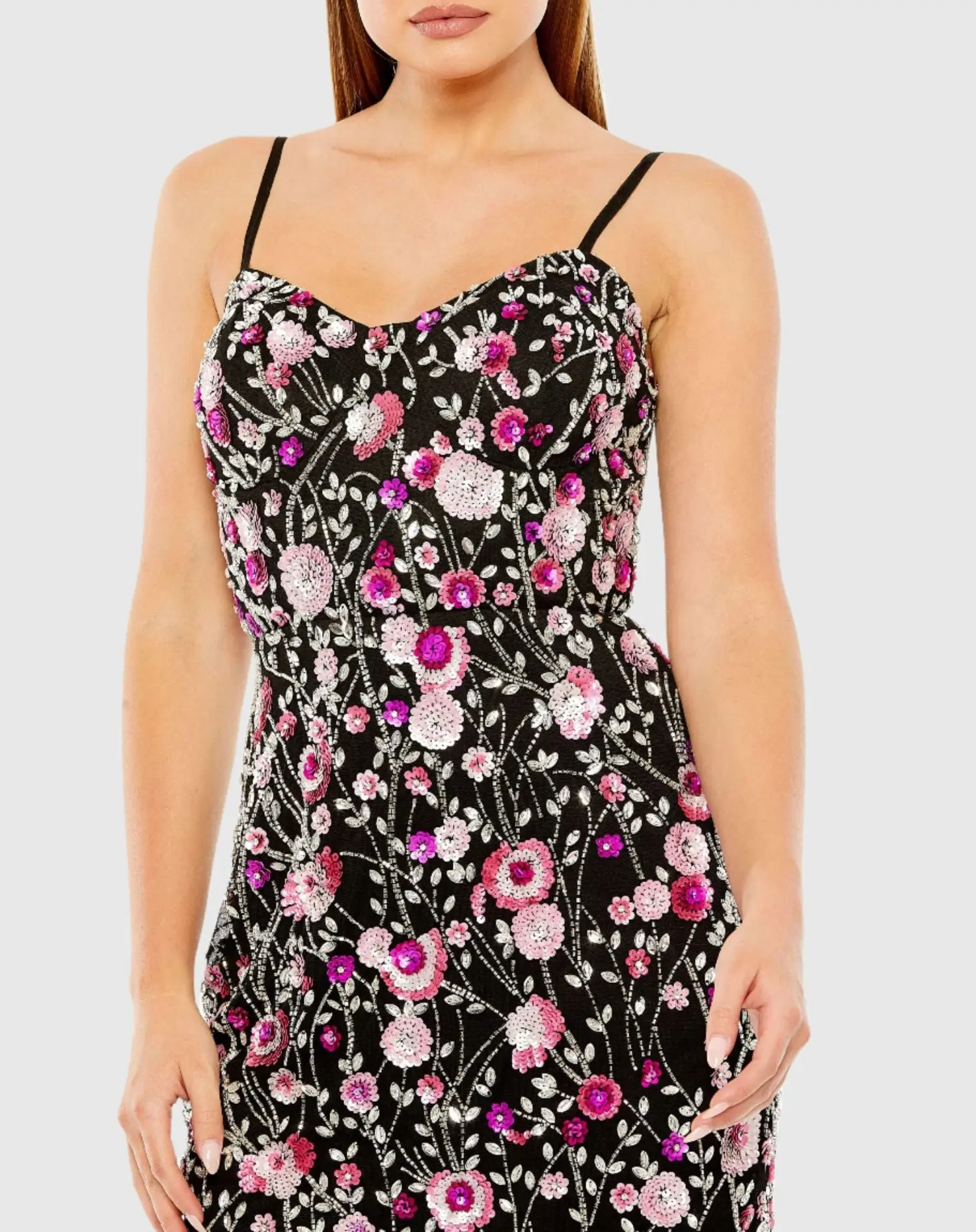 Black Slim Strap Bustier Top Floral Beaded Mini Dress - Image 2