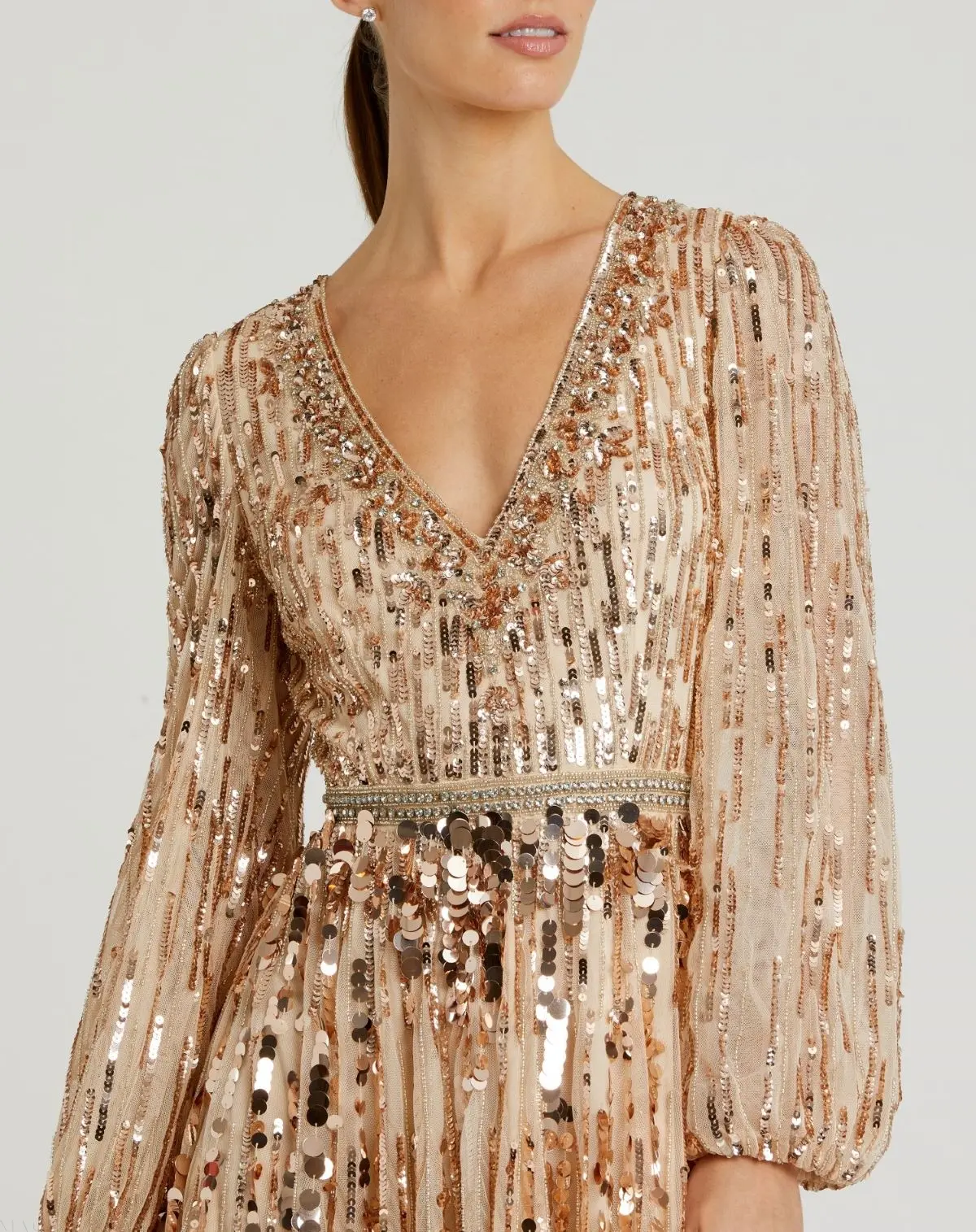 Beige Embellished Mesh Long Sleeve V Neck Gown - Image 2