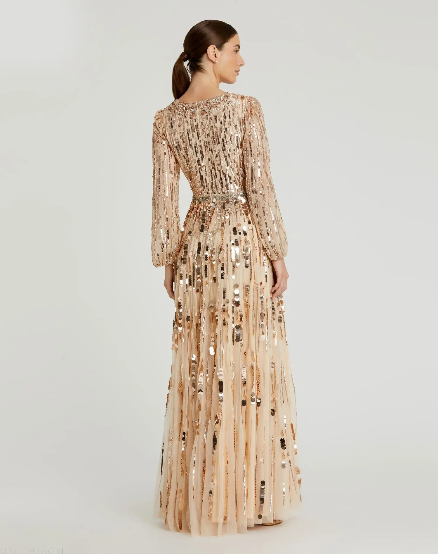 Beige Embellished Mesh Long Sleeve V Neck Gown - Image 3