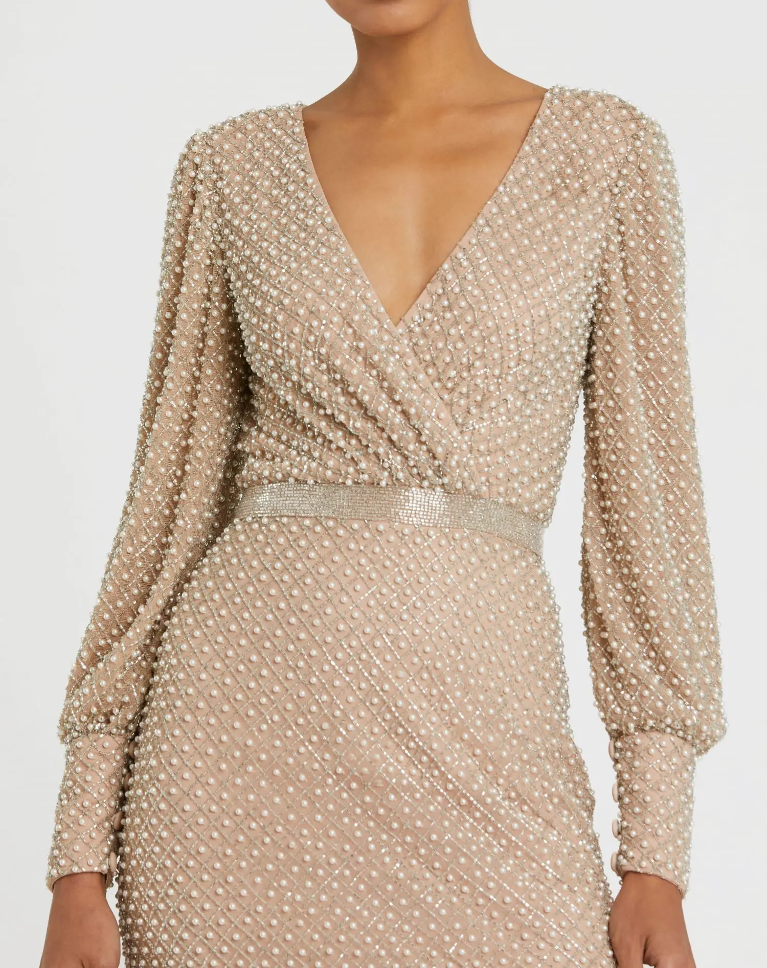 Beige Wrap Over Bishop Sleeve Gown With Pearl Beading - Image 2
