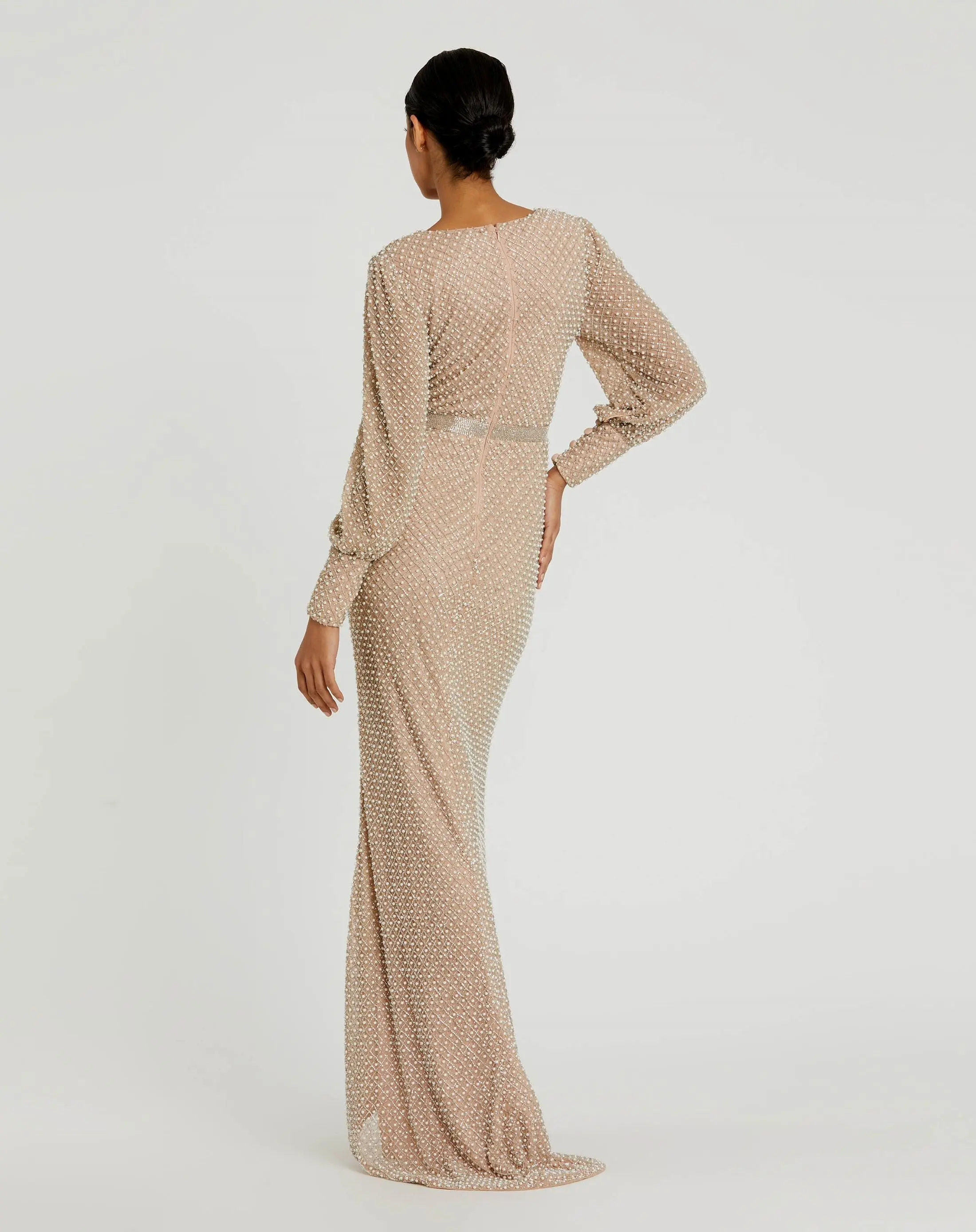 Beige Wrap Over Bishop Sleeve Gown With Pearl Beading - Image 3