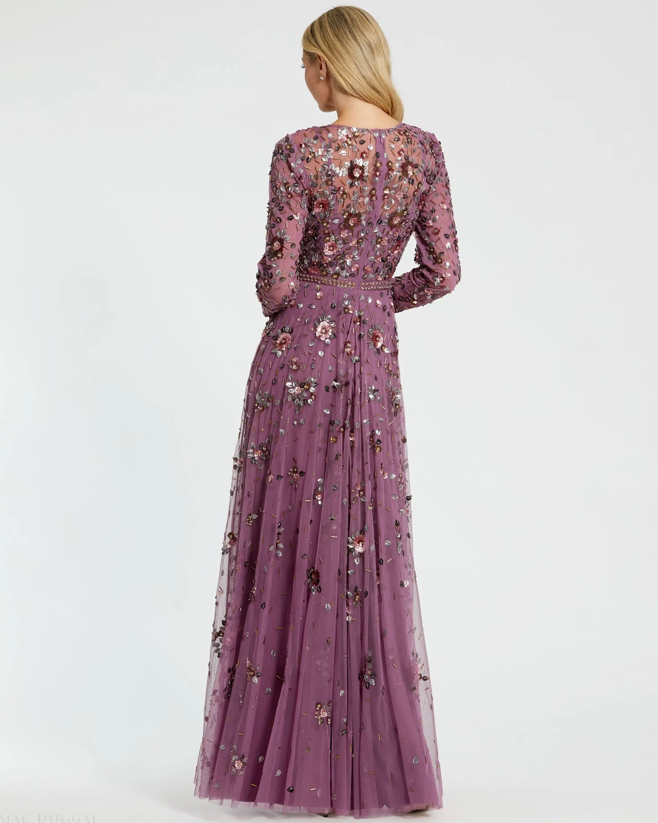 Purple Long Sleeve High Neck Beaded Gown - Image 3