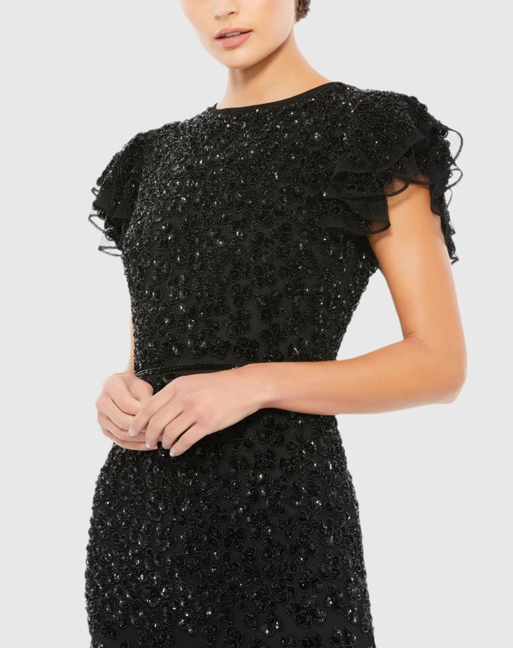Black High Neck Flutter Cap Sleeve Gown - Image 2