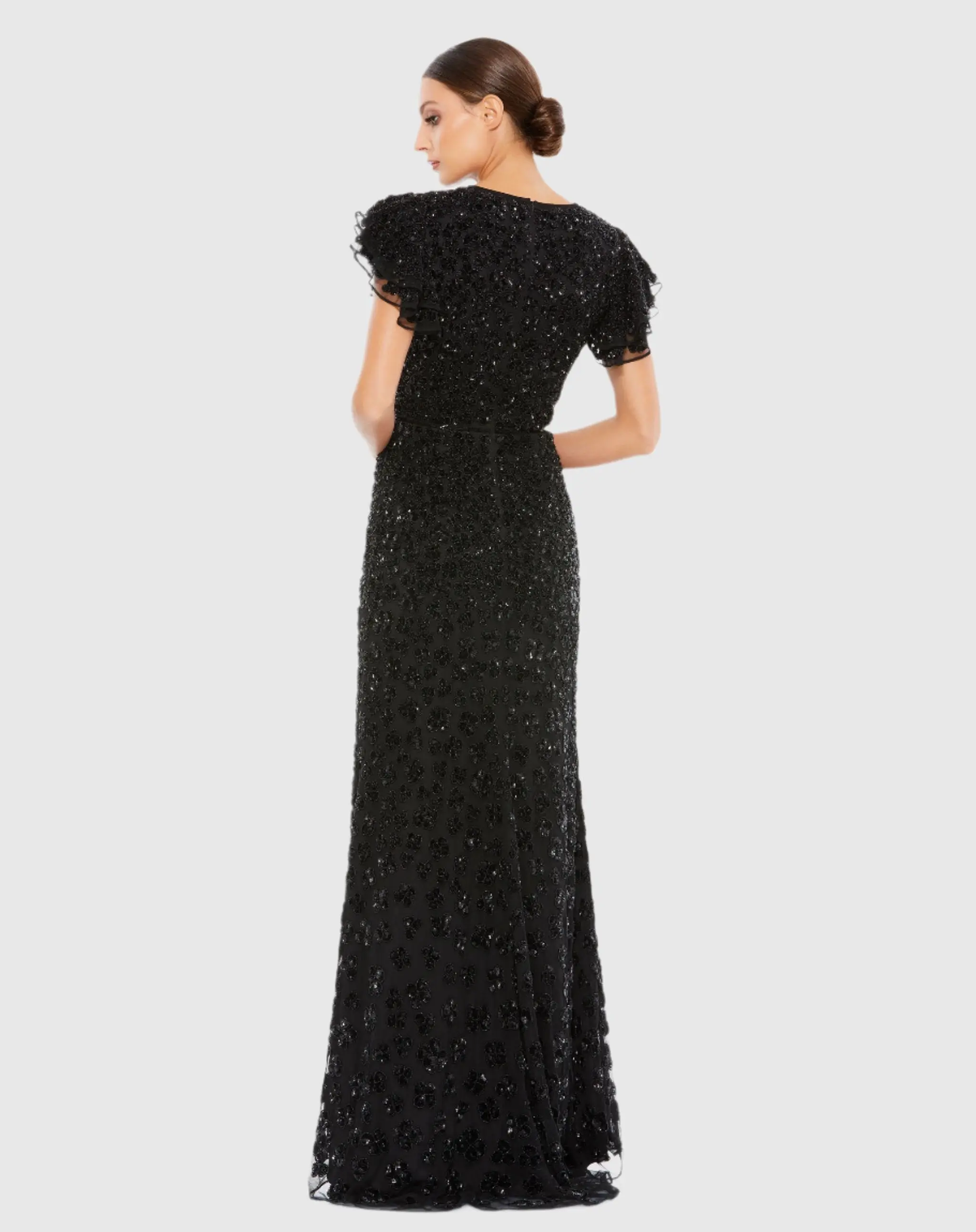 Black High Neck Flutter Cap Sleeve Gown - Image 3