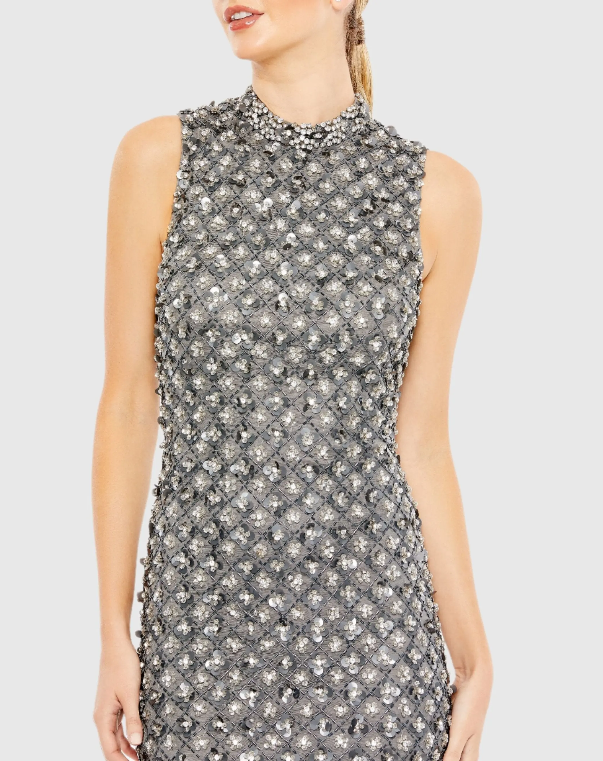 Gray Embellished High Neck Sleeveless Sheath Dress - FINAL SALE - Image 2