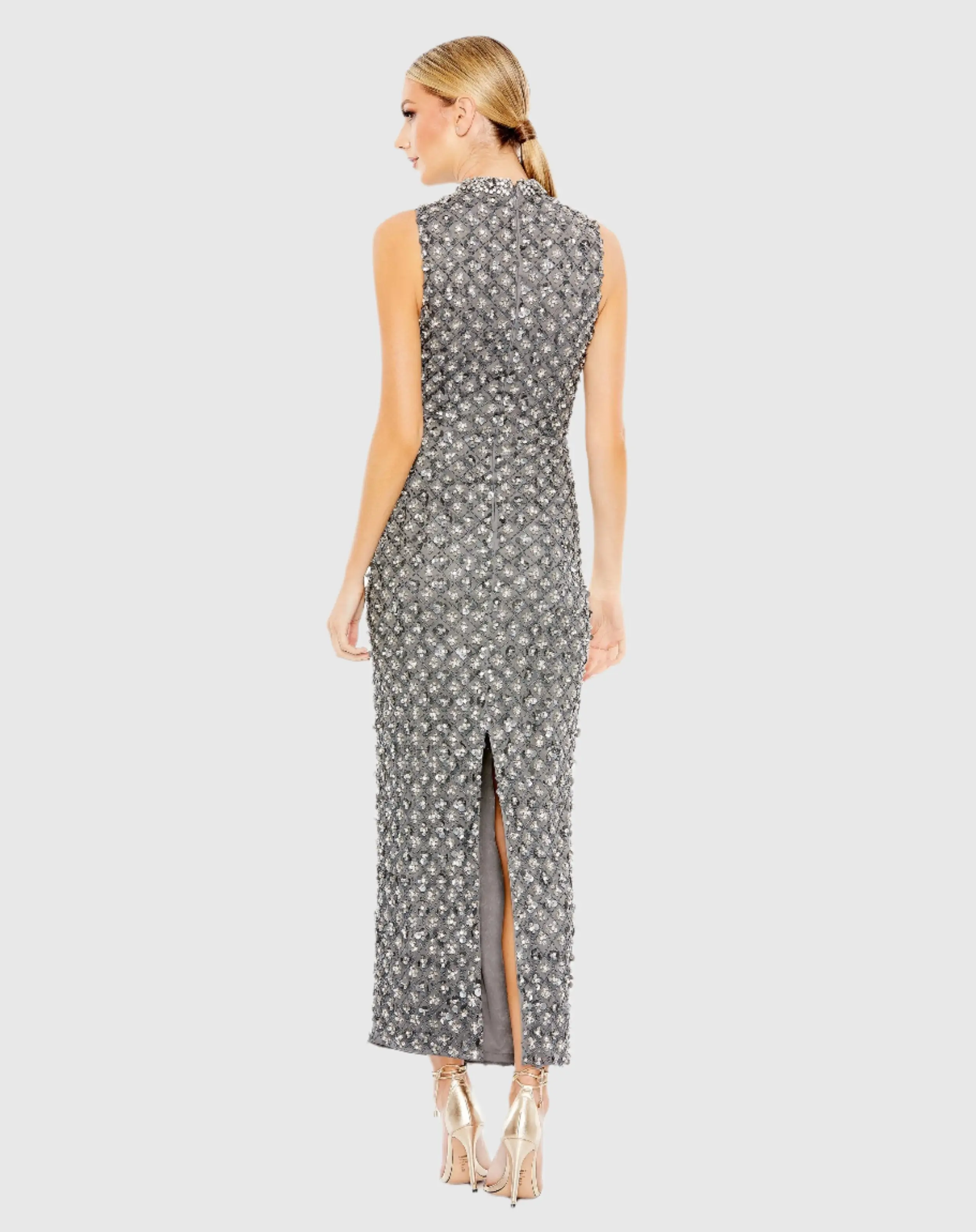 Gray Embellished High Neck Sleeveless Sheath Dress - FINAL SALE - Image 3