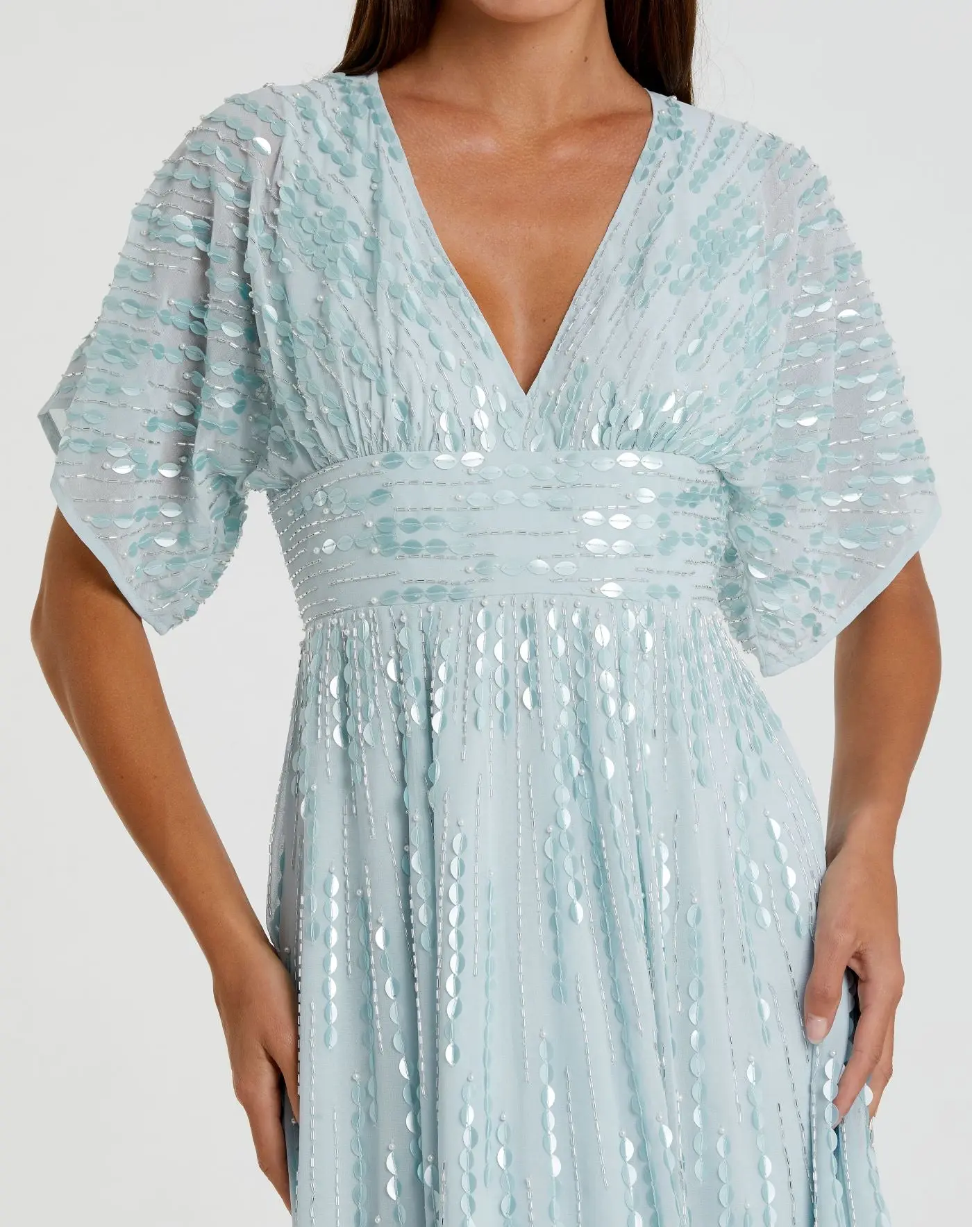 Blue Embellished V Neck Evening Gown - Image 2