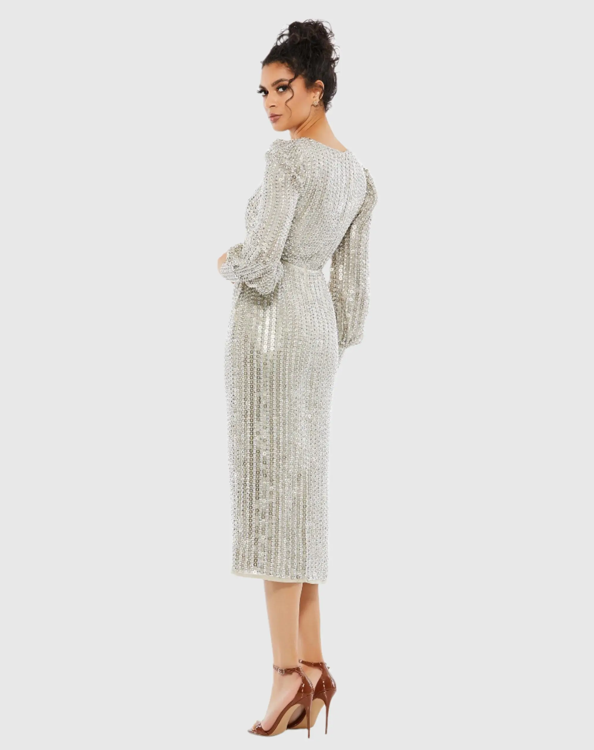 Silver Long Sleeve Midi Dress - Image 3