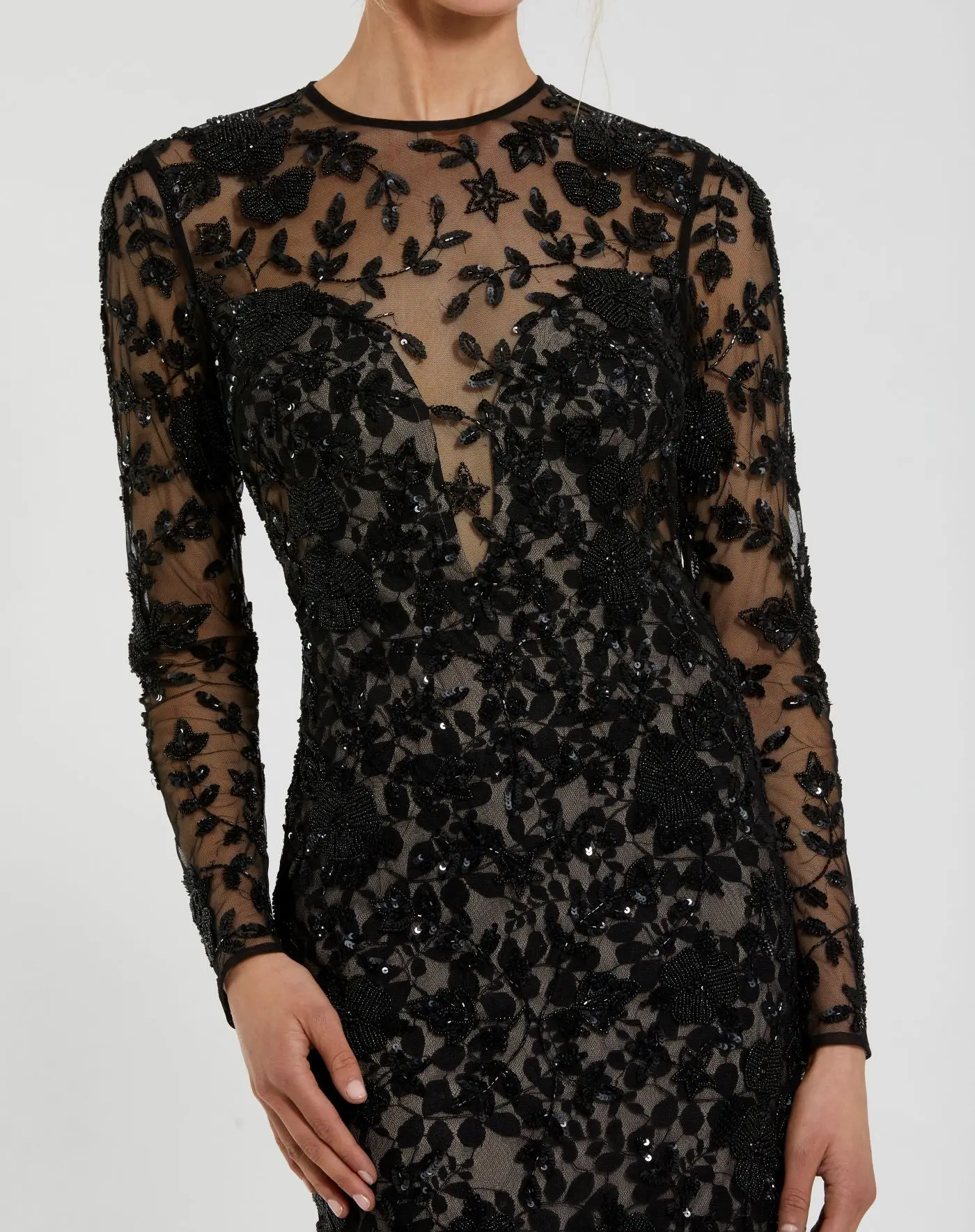 Black Long Sleeve Floral Embellished Gown - Image 2