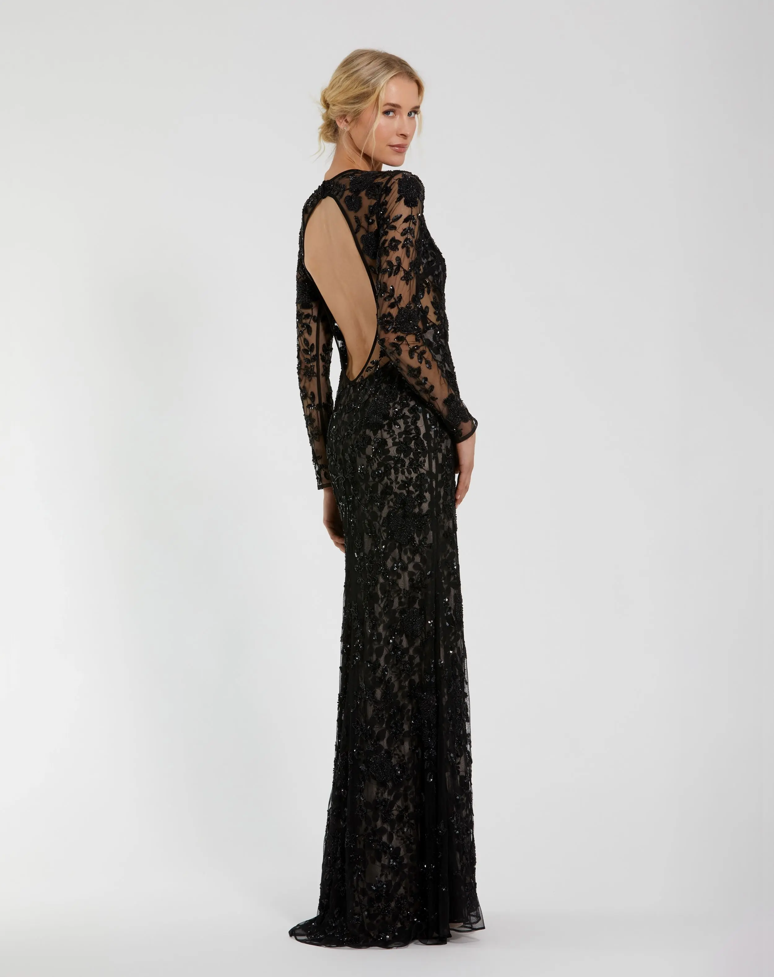 Black Long Sleeve Floral Embellished Gown - Image 3