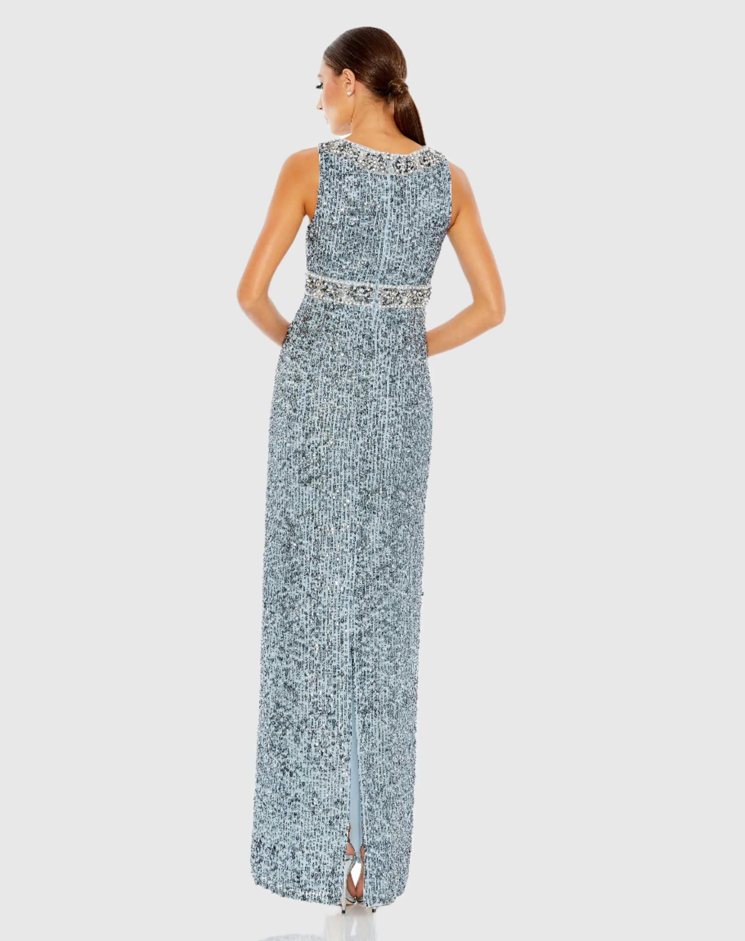 Blue Sleeveless Sequin Column Gown - Image 3