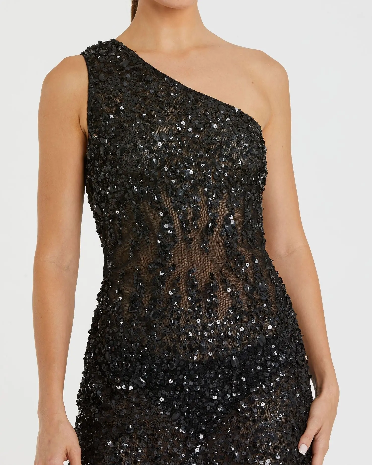 Black One Shoulder Sheer Hand Sequined Mini Dress - FINAL SALE - Image 2