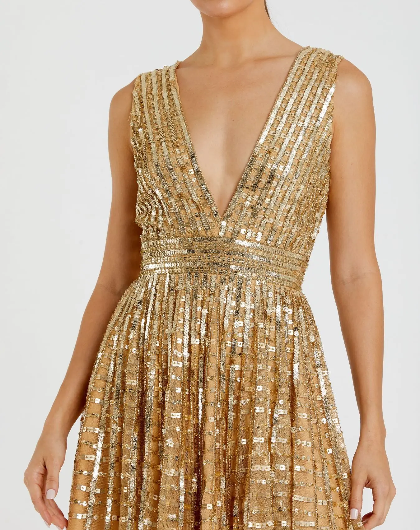 Gold Embellished Sleeveless V Neck A Line Dress - Image 2