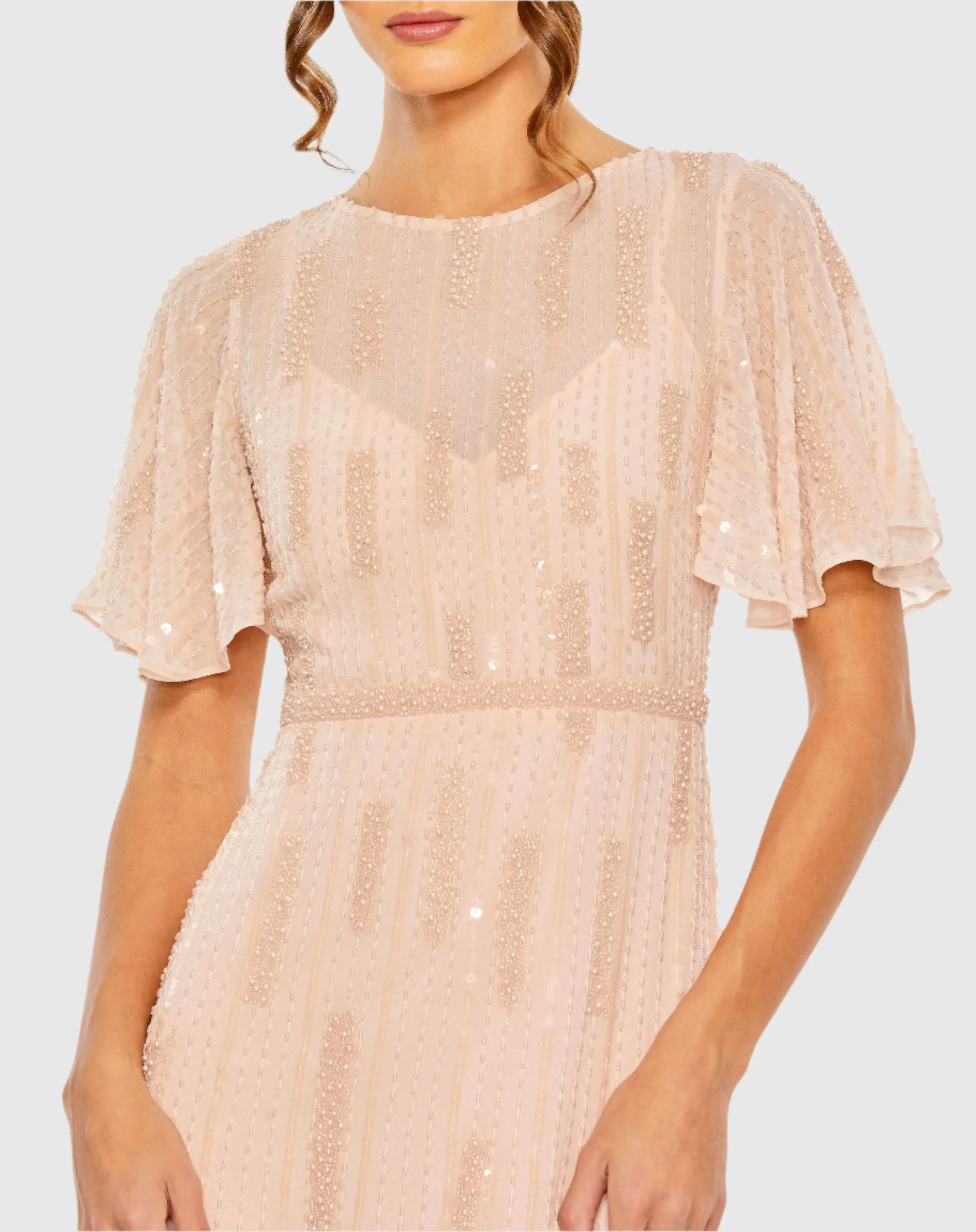 Pink High Neck Flutter Sleeve Embellished Gown - Image 2