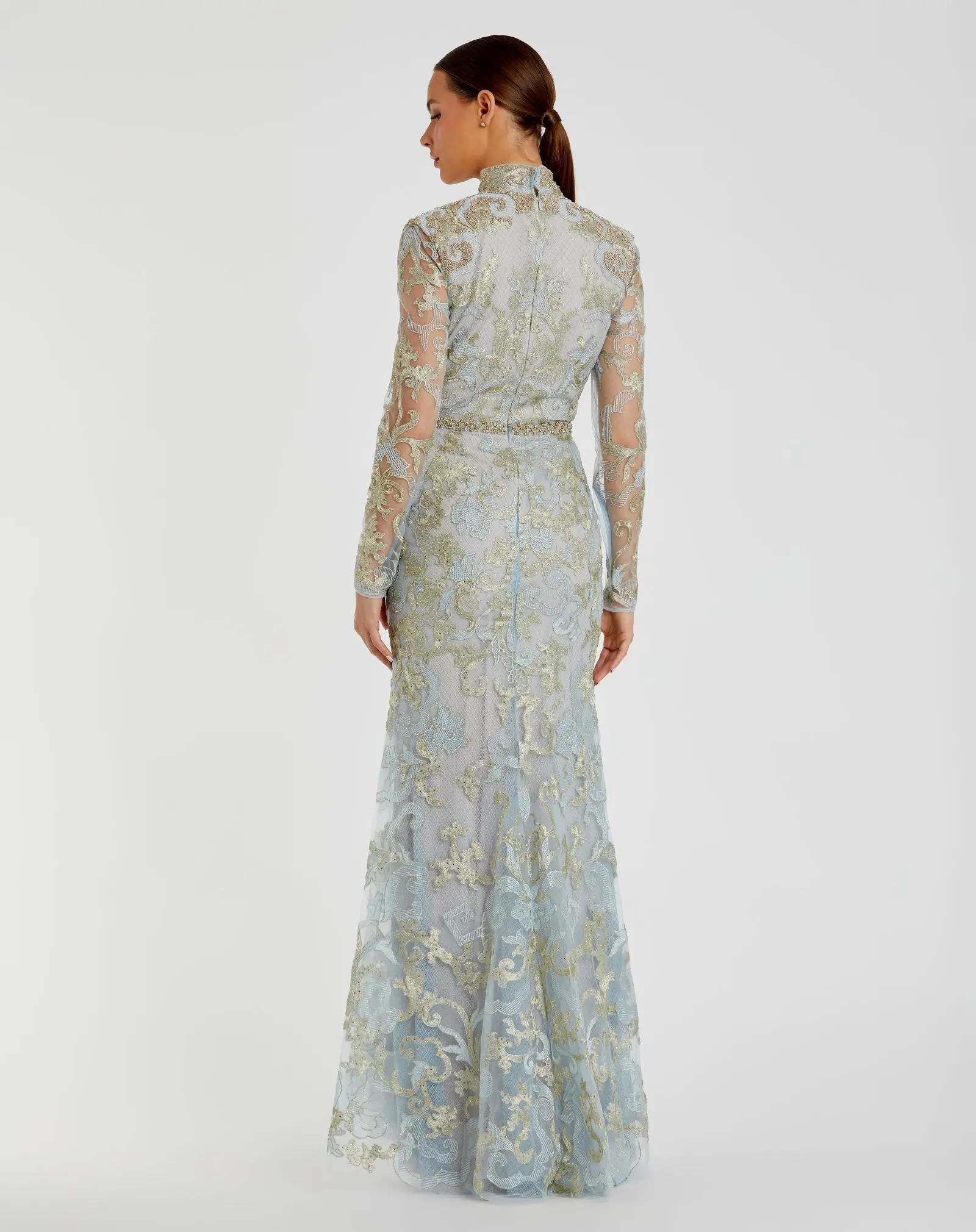 Blue Queen Anne Lace Long Sleeve V-Neck Trumpet Gown - Image 3