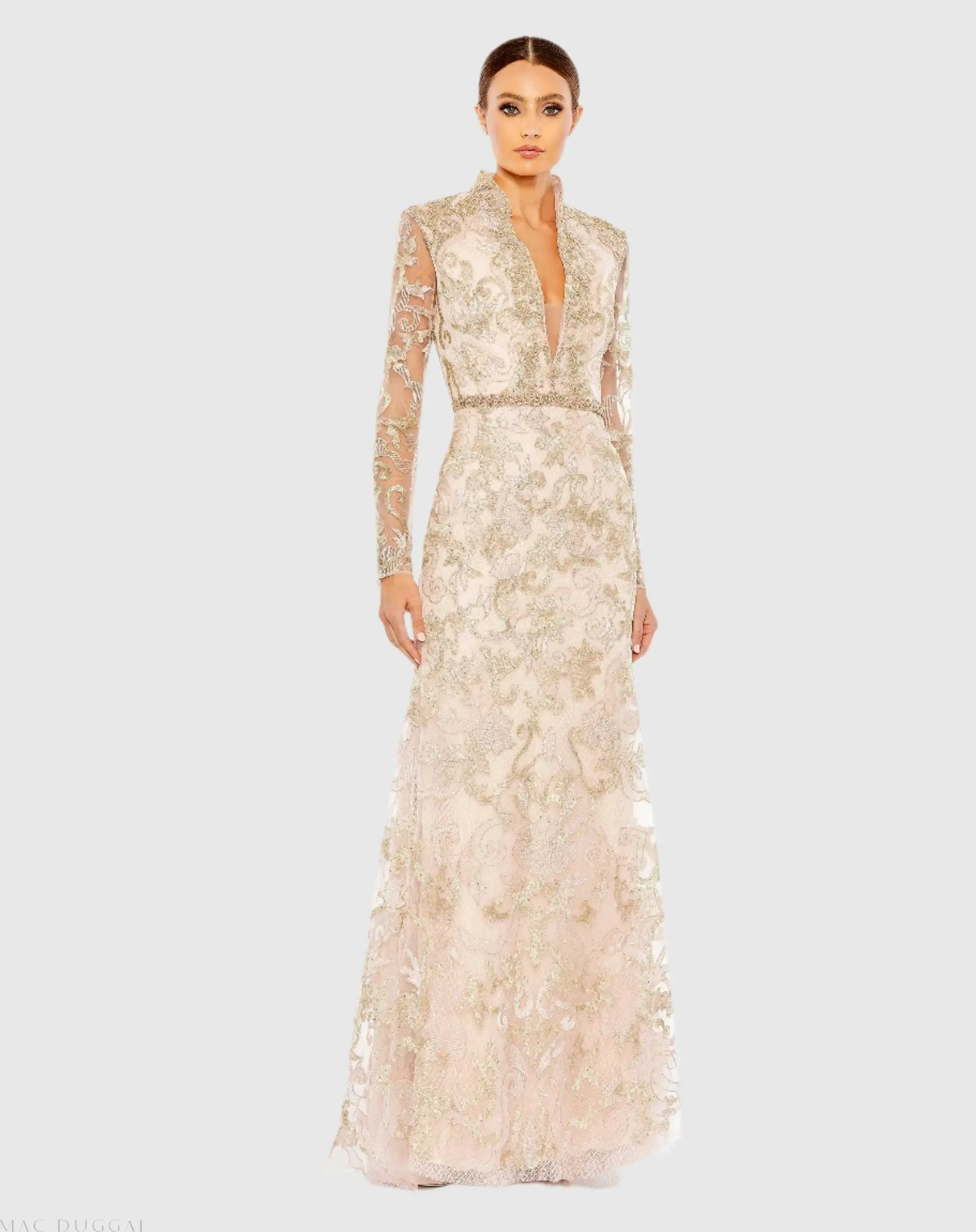 Beaded Queen Anne Lace Long Sleeve V-neck Trumpet Gown - Image 2