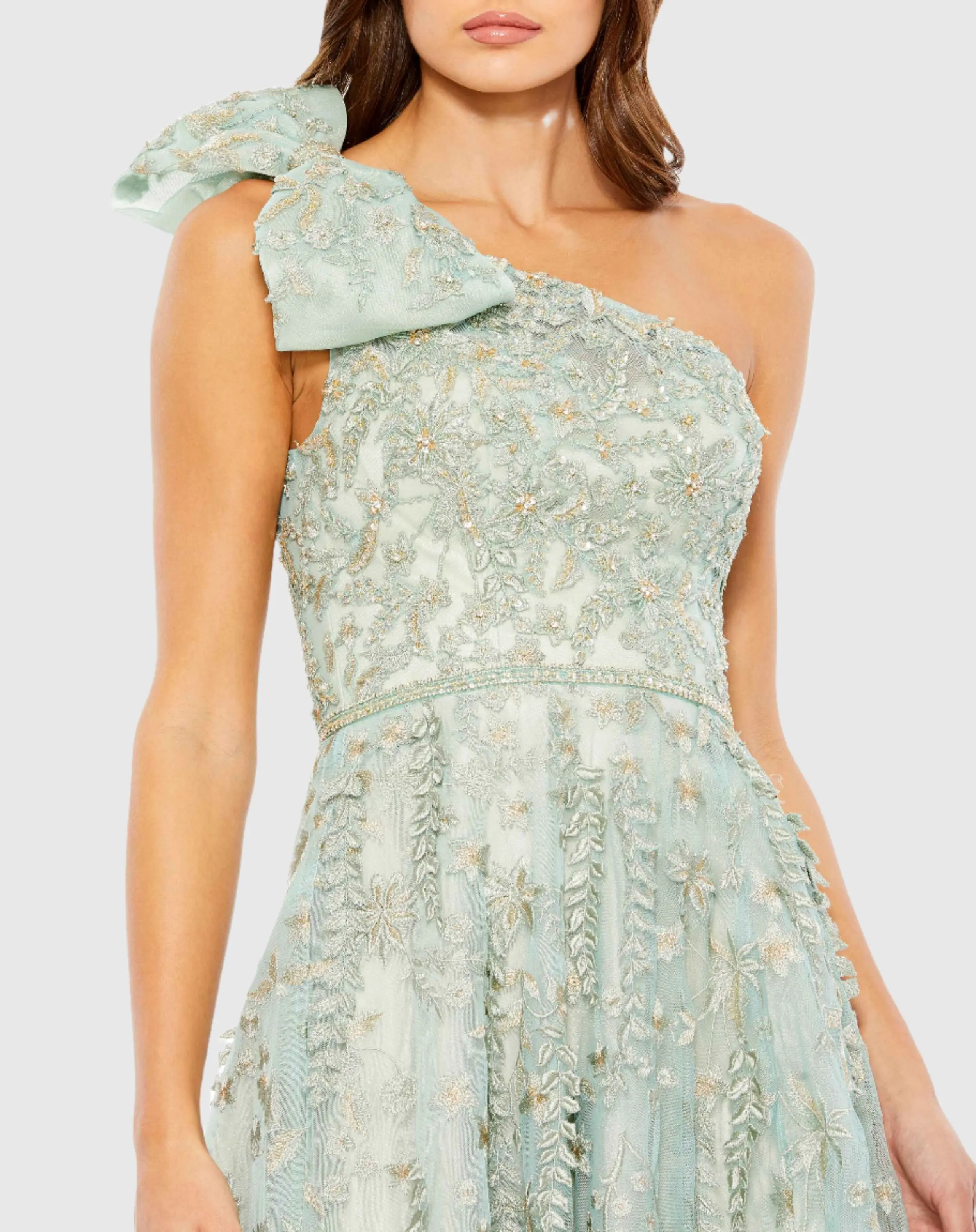 Green Embellished Bow One Shoulder A Line Gown - Image 2