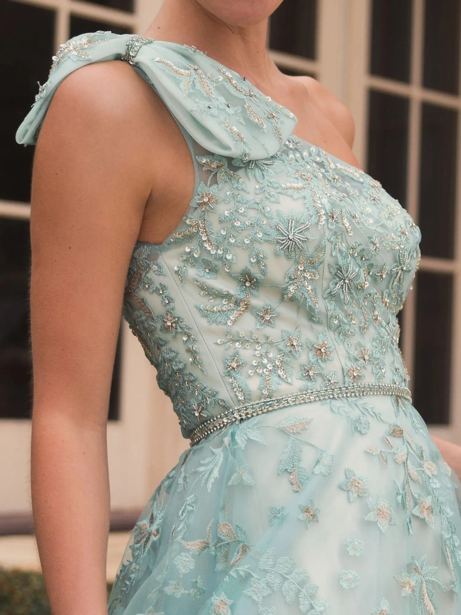 Green Embellished Bow One Shoulder A Line Gown - Image 5