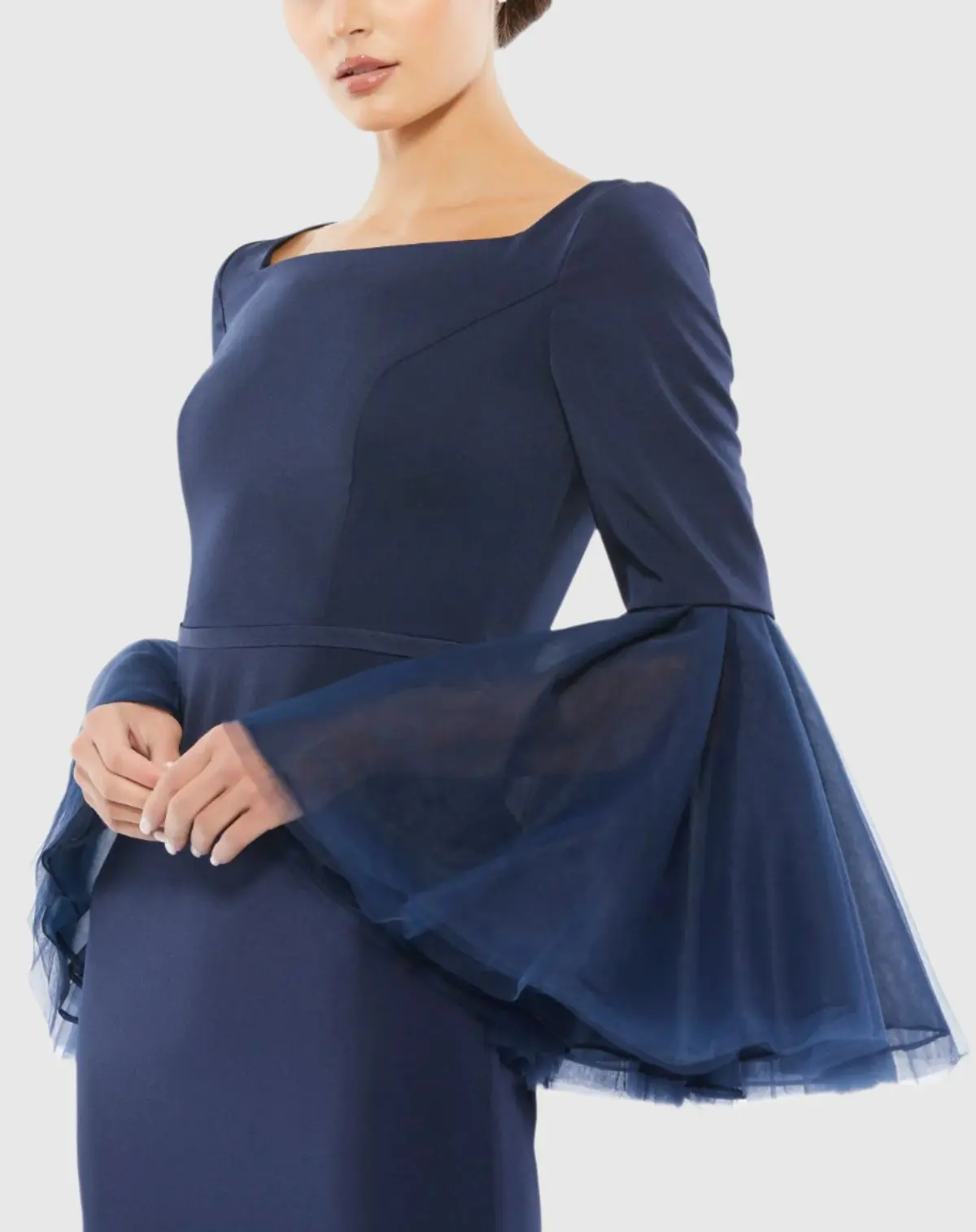 Navy Flounce Sleeve Square Neck Column Gown - Image 2