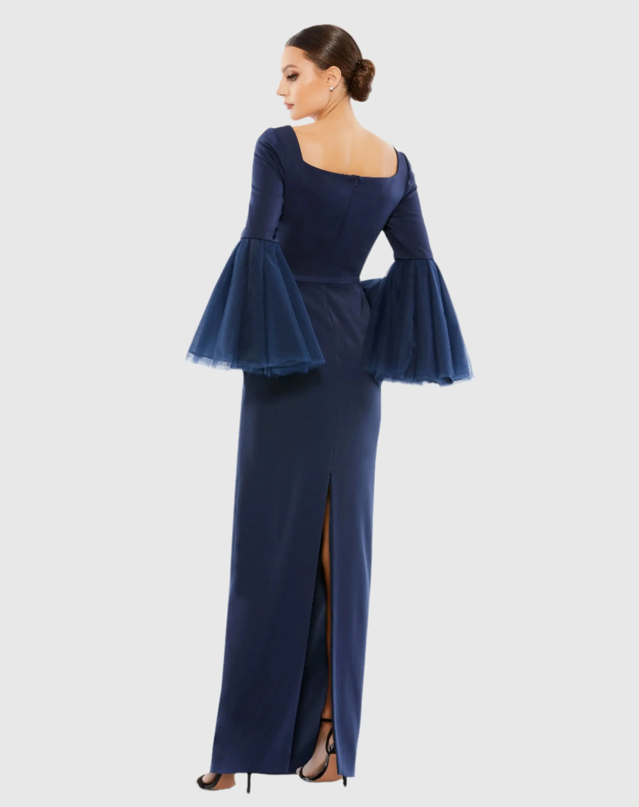 Navy Flounce Sleeve Square Neck Column Gown - Image 3
