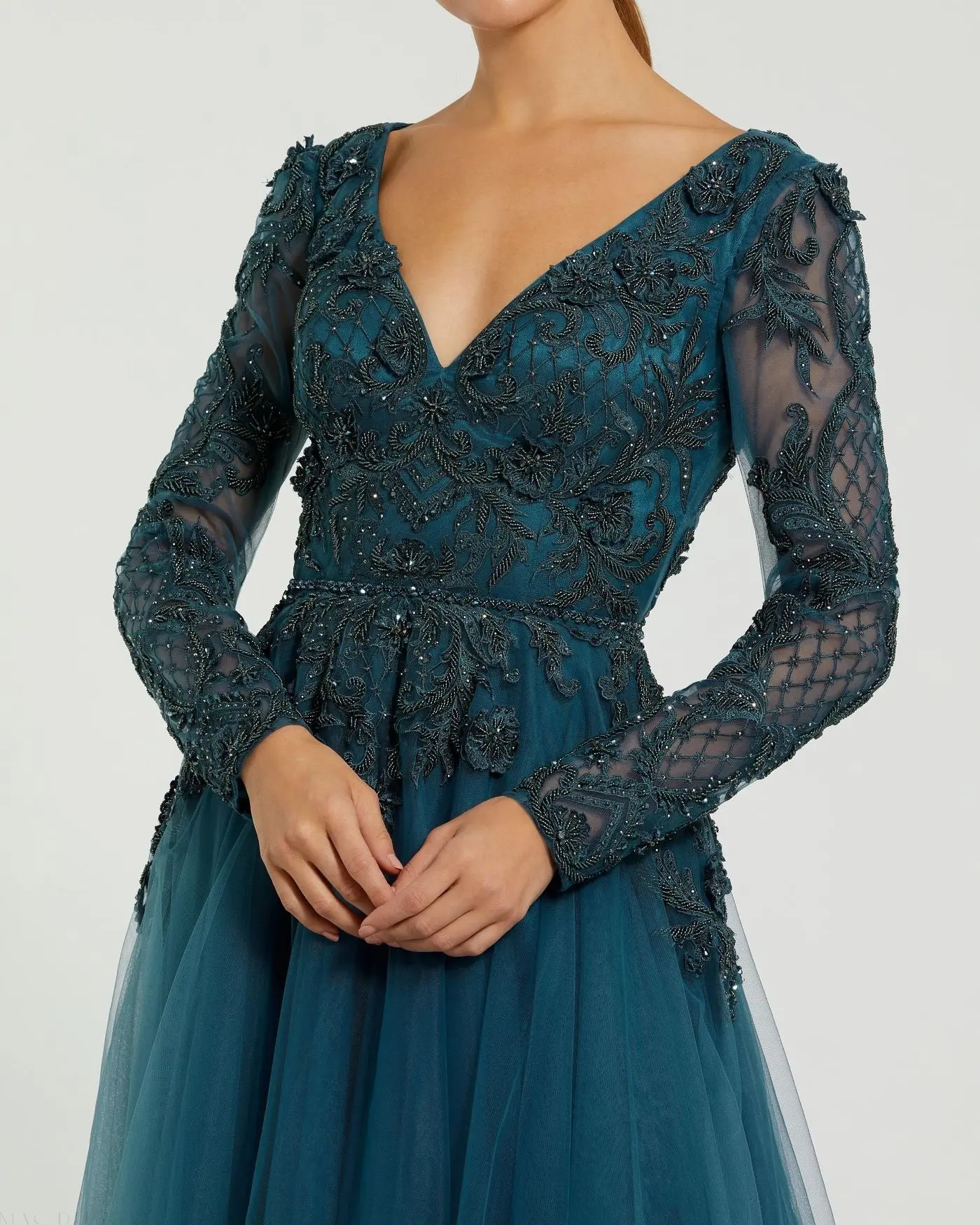 Teal Long Sleeve Embellished Tulle Gown - Image 2
