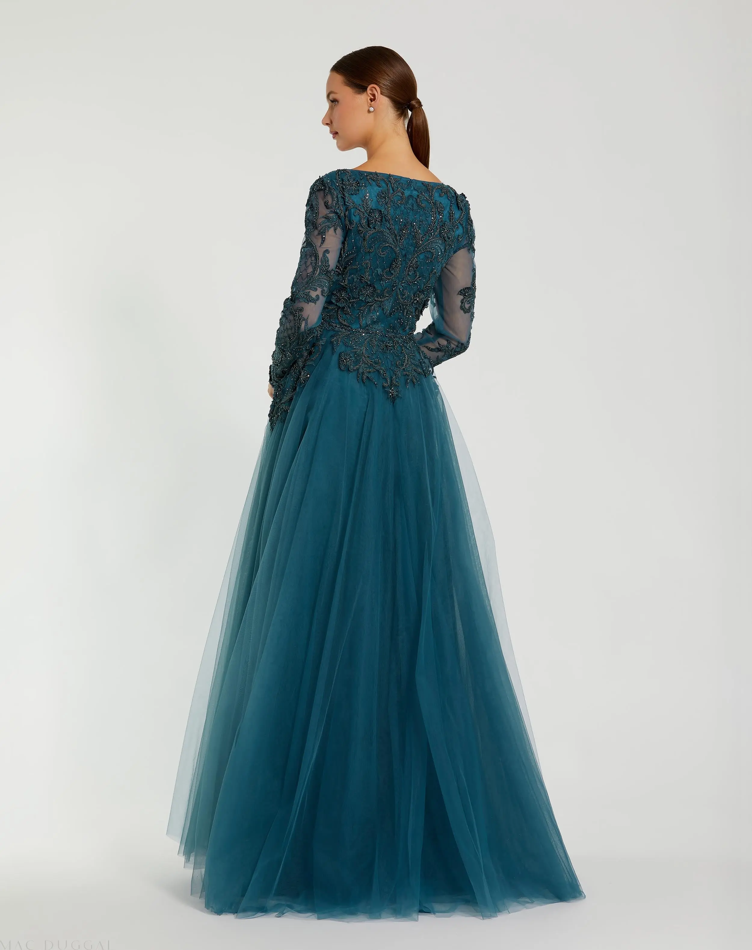 Teal Long Sleeve Embellished Tulle Gown - Image 3