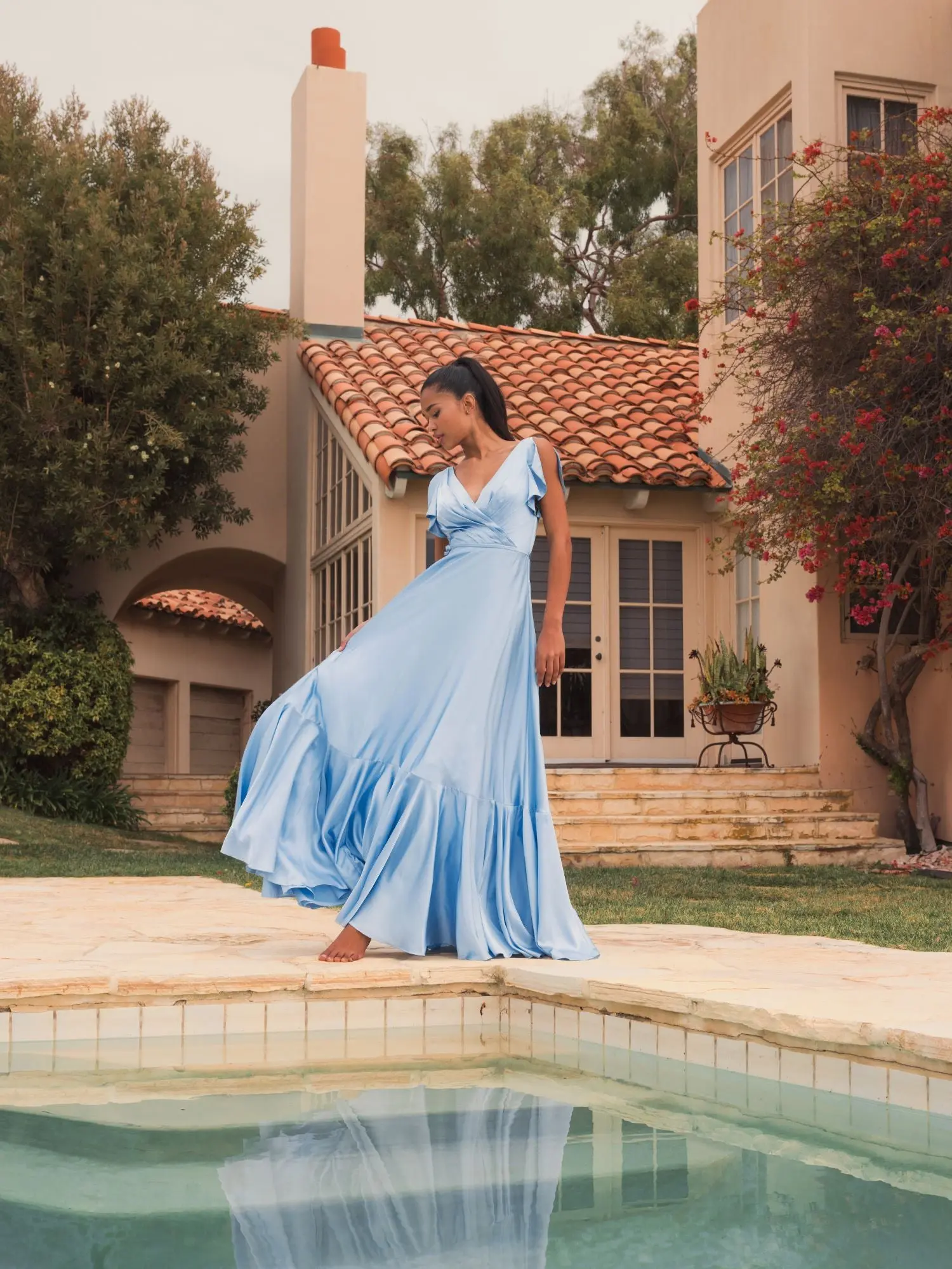 Blue Flounce Sleeve Satin Gown - Image 4