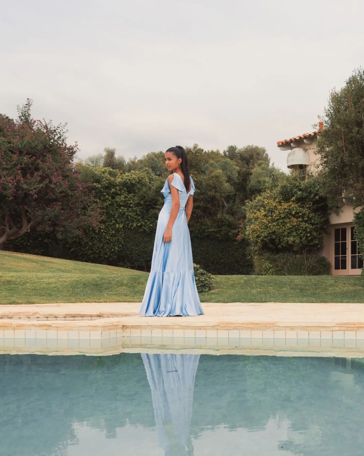 Blue Flounce Sleeve Satin Gown - Image 5