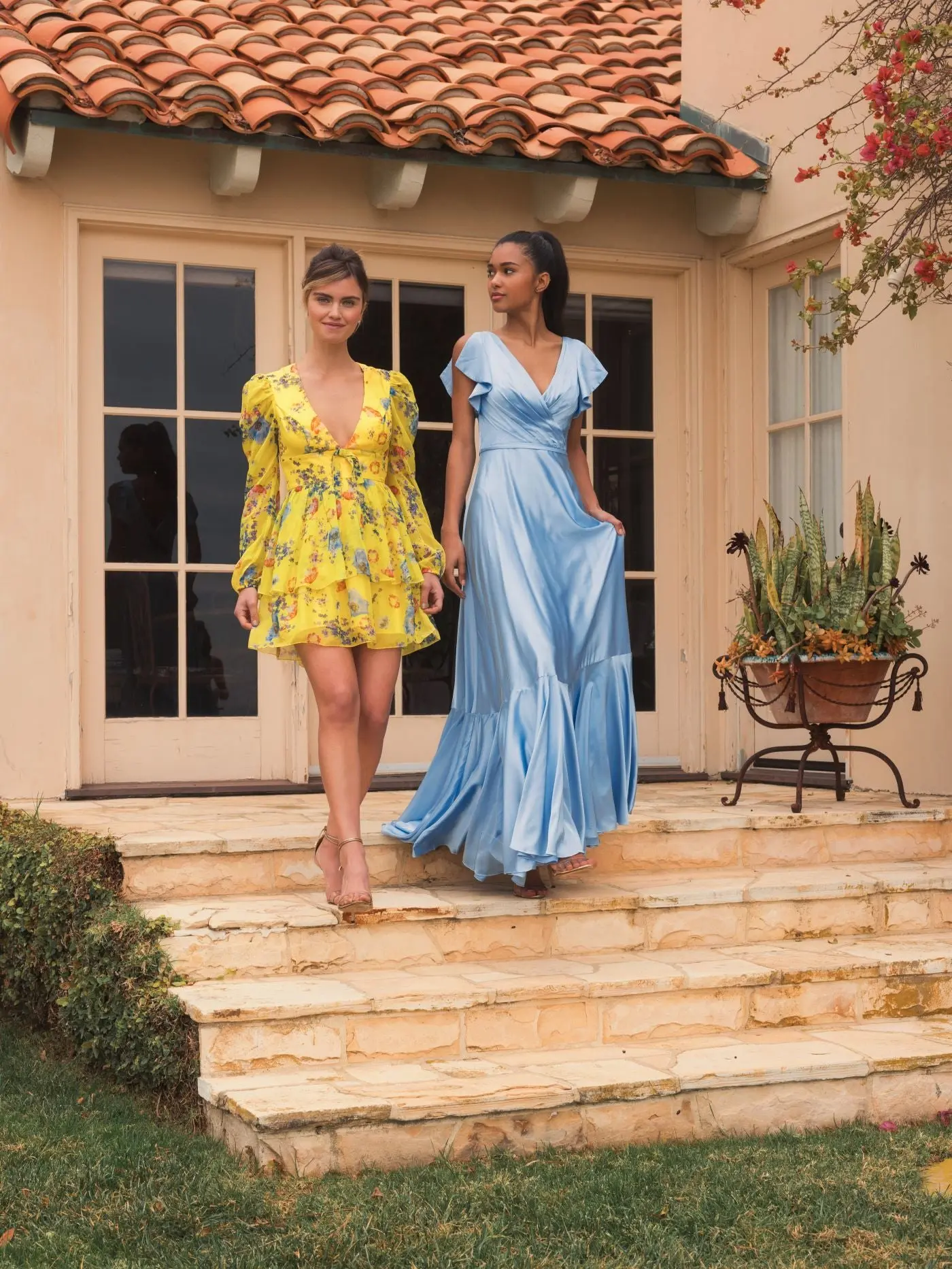 Blue Flounce Sleeve Satin Gown - Image 6