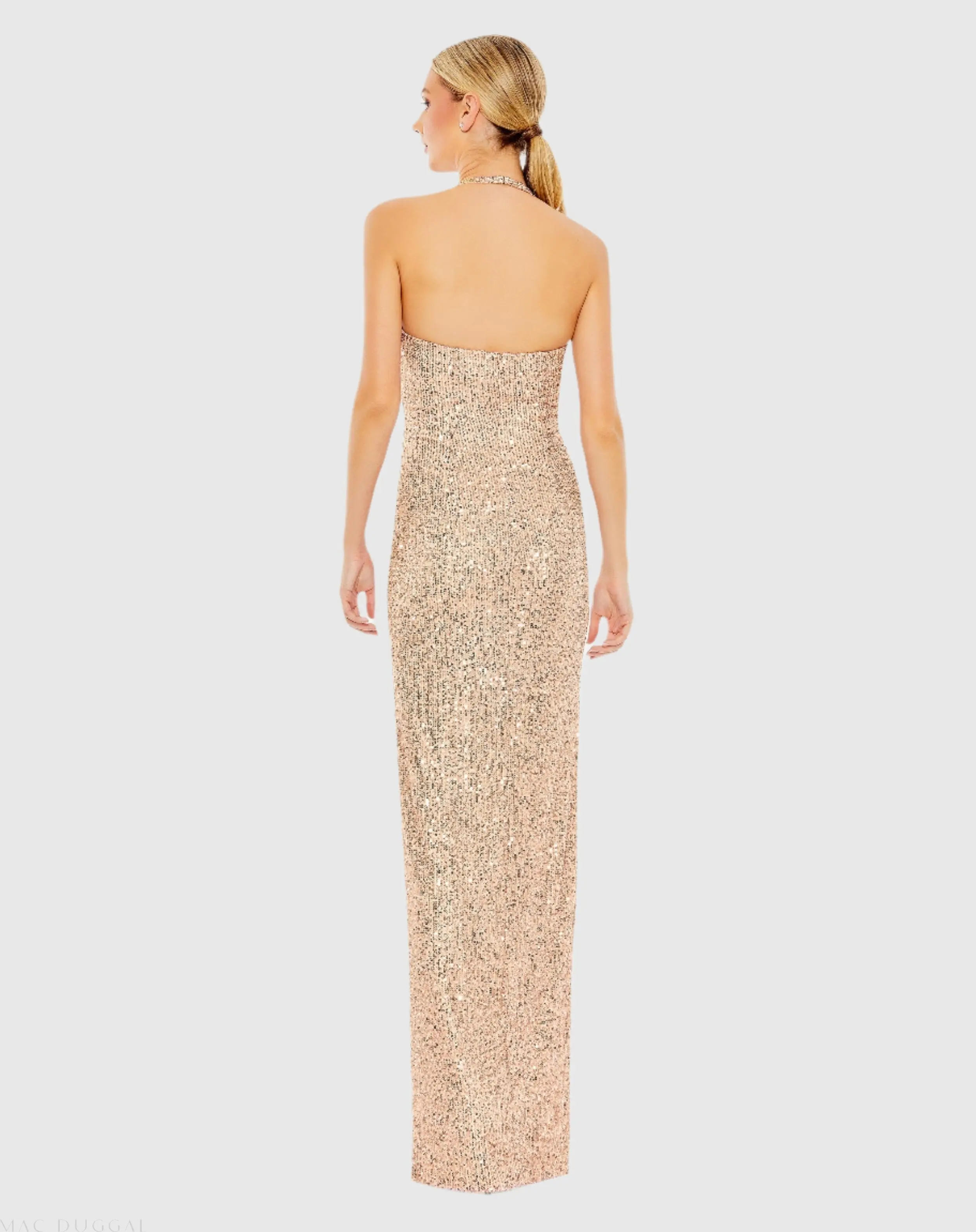 Gold Sequined Halter Strap Low Side Knot Gown - Image 3