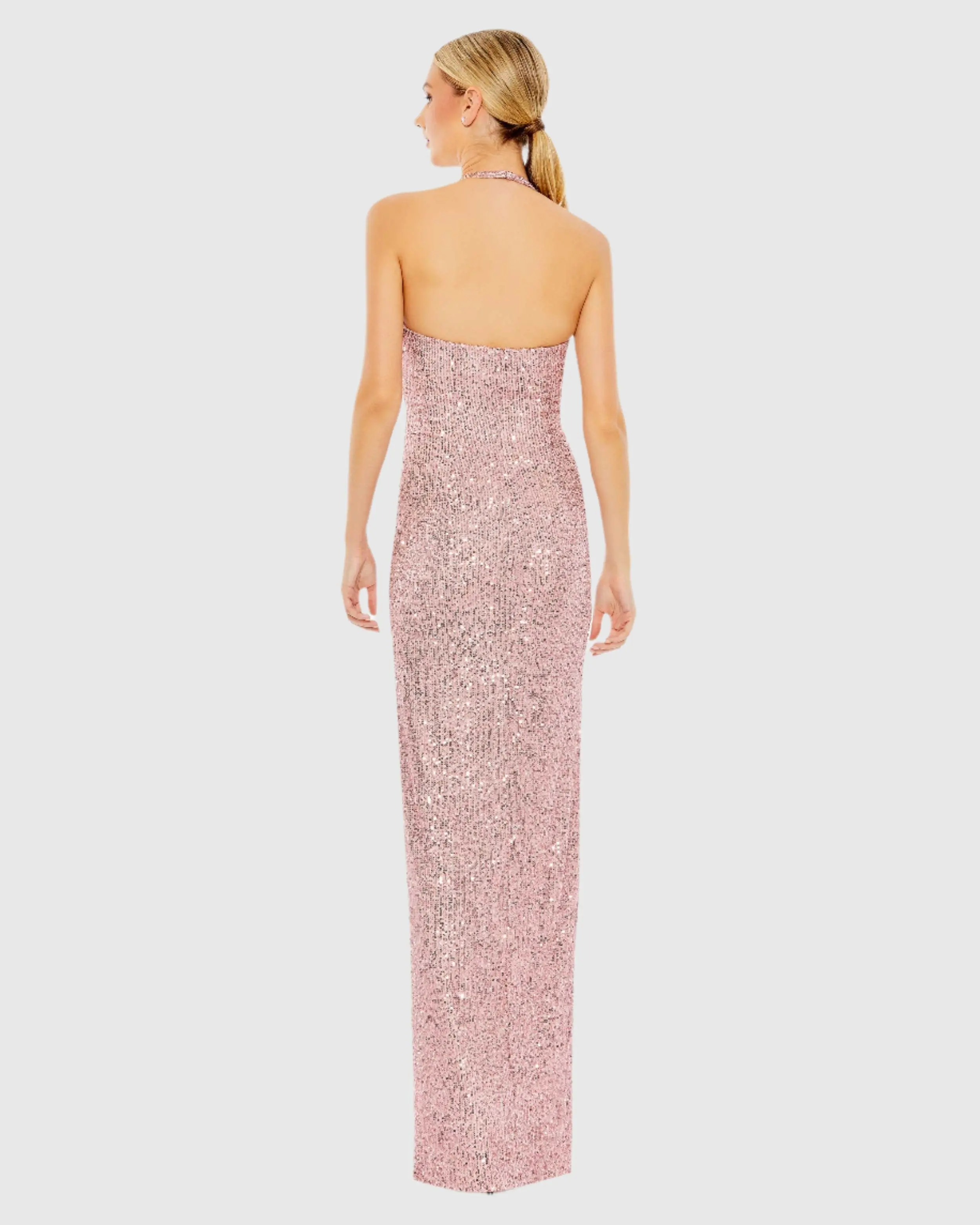 Pink Sequined Halter Strap Low Side Knot Gown - Image 3