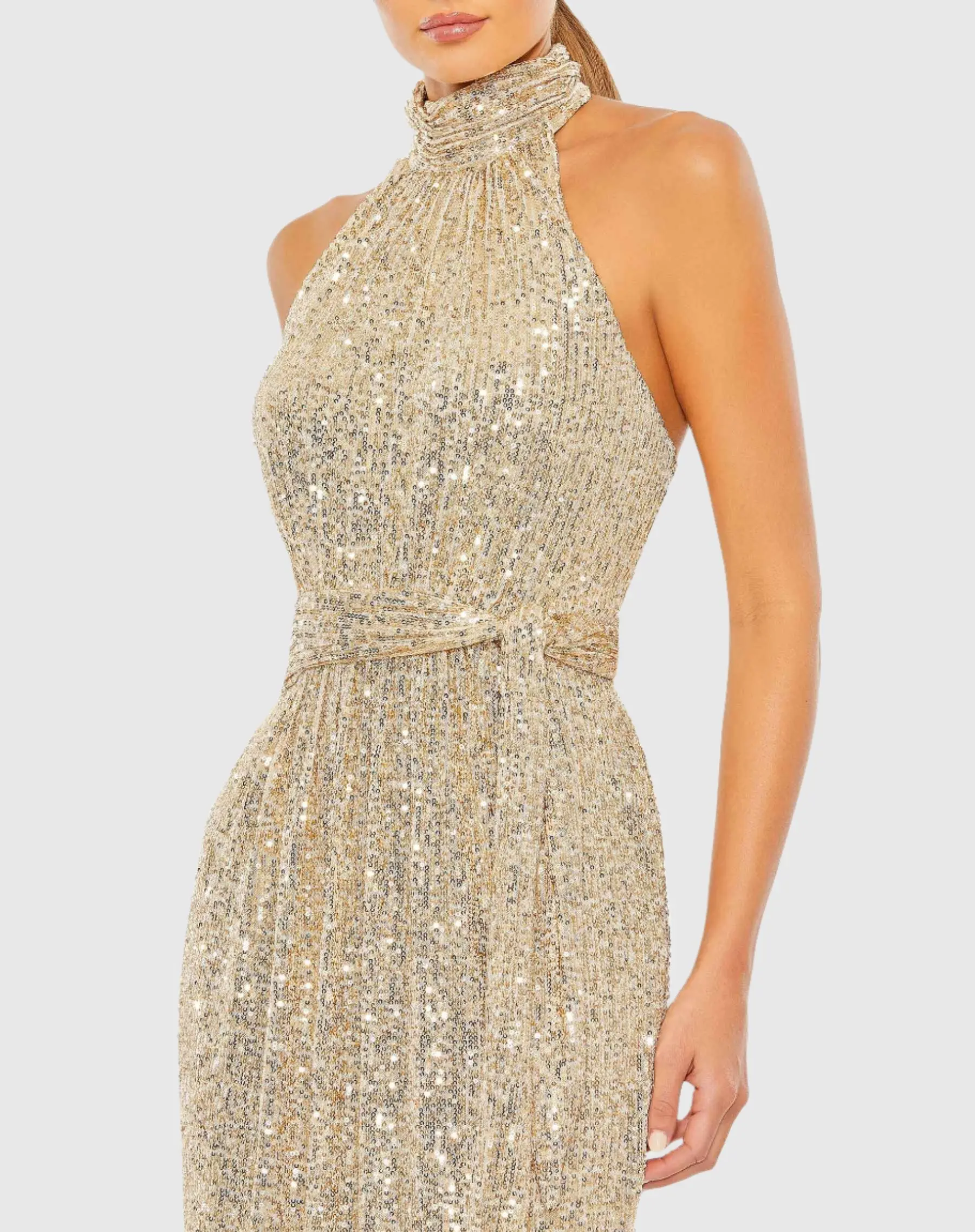 Gold Sequin Halter Neck Column Gown with Tie Belt - Image 2