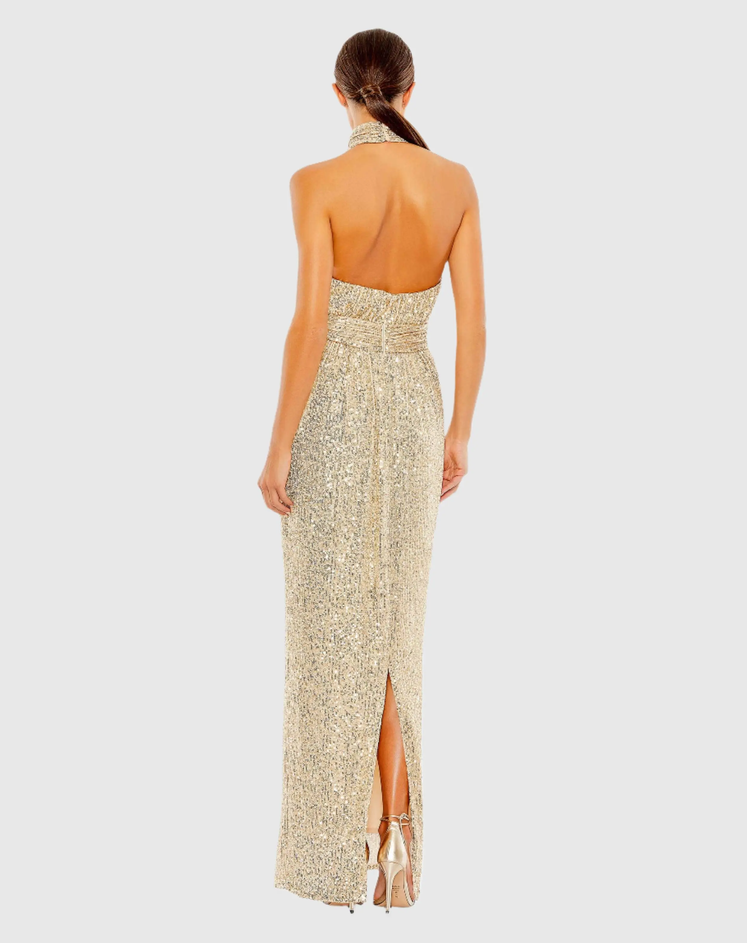 Gold Sequin Halter Neck Column Gown with Tie Belt - Image 3