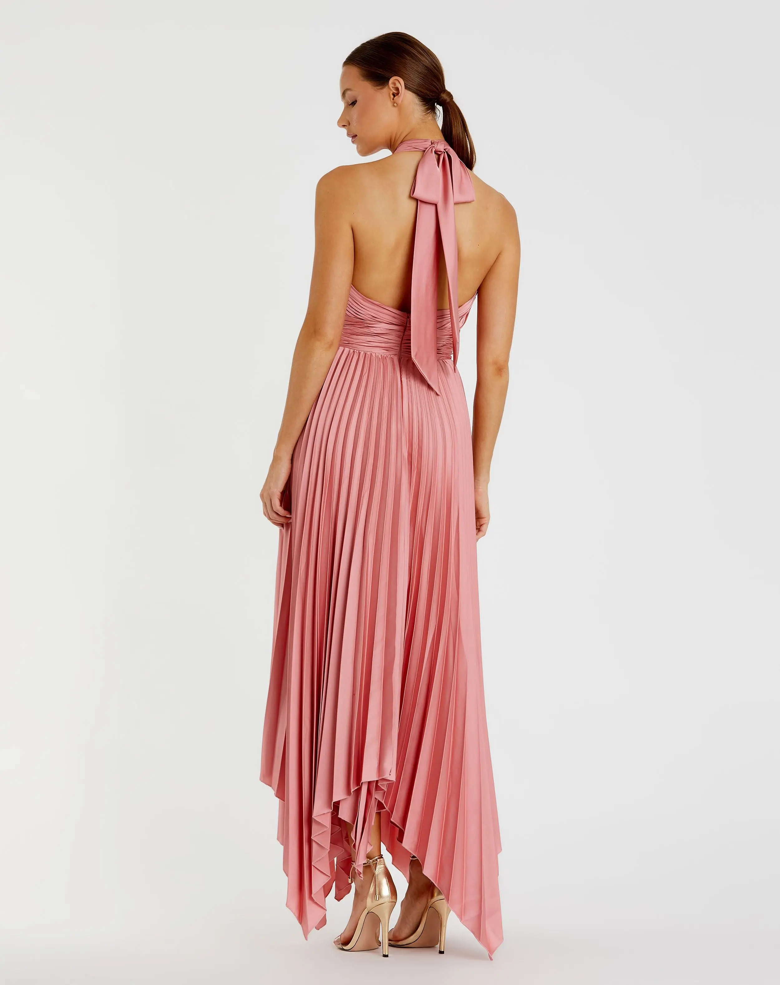 Pink Pleated Halter Neck Asymmetrical Hem Gown - FINAL SALE - Image 3