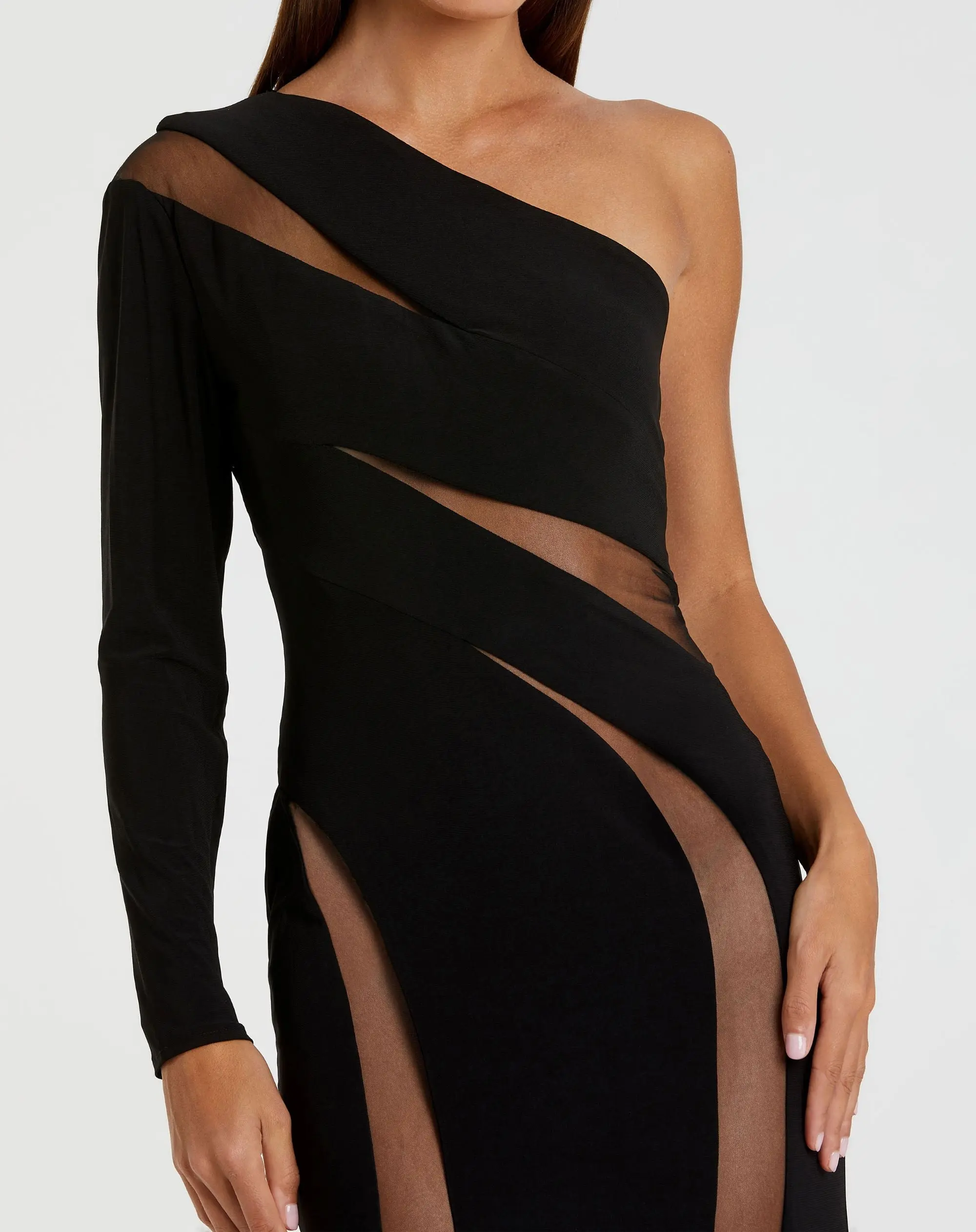 Black Jersey One Shoulder Illusion Cut Out Gown - Image 2