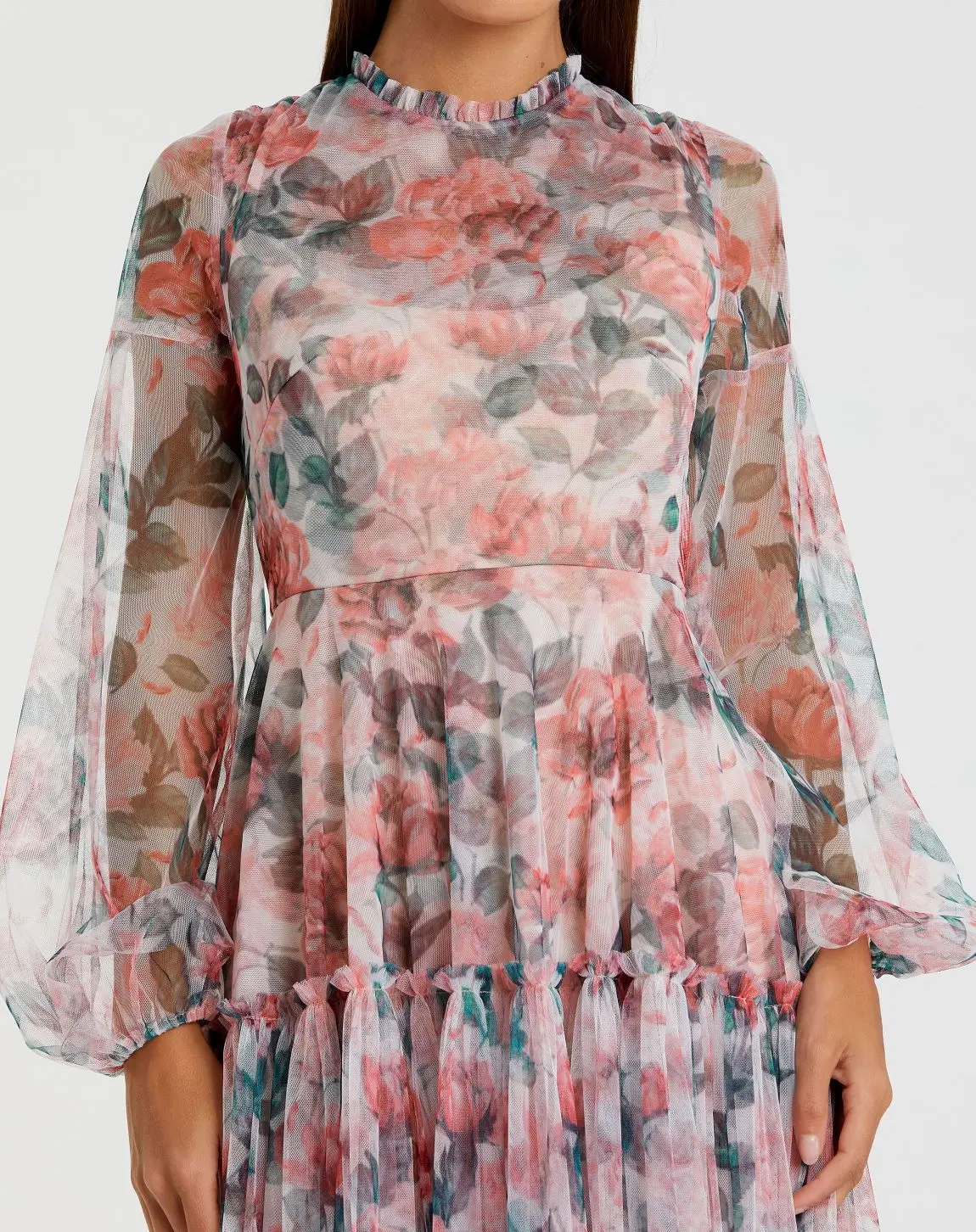 Multicolor Floral High Neck Balloon Sleeve Midi Dress - Image 2