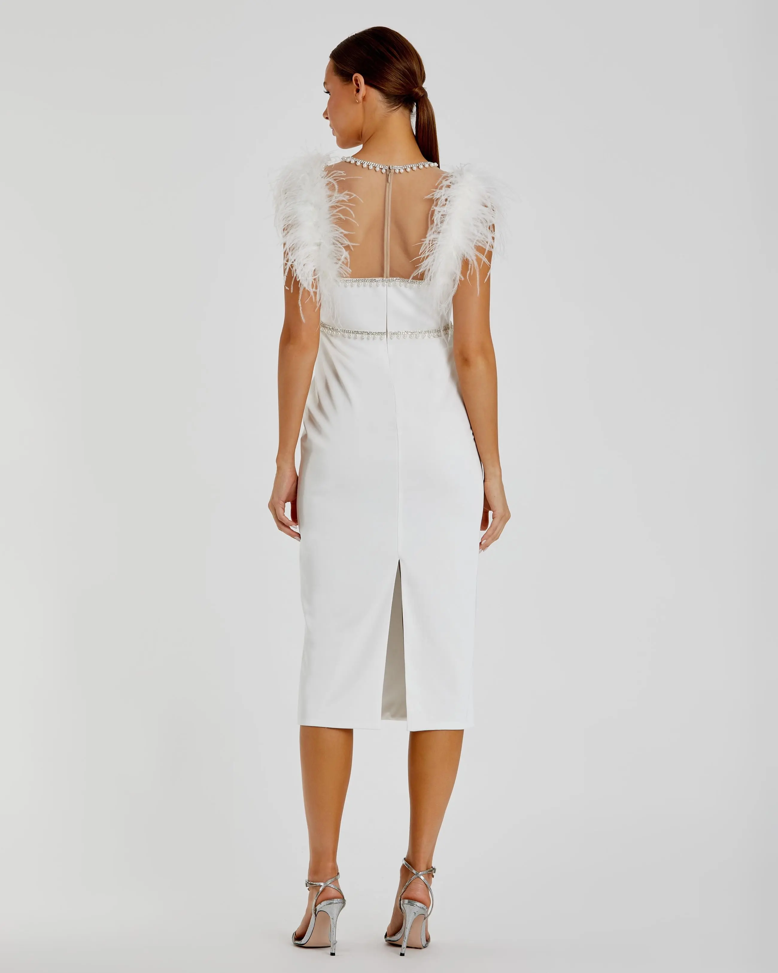 White Feather Cap Sleeve Pearl Embellished Tea-length Dress - Image 3