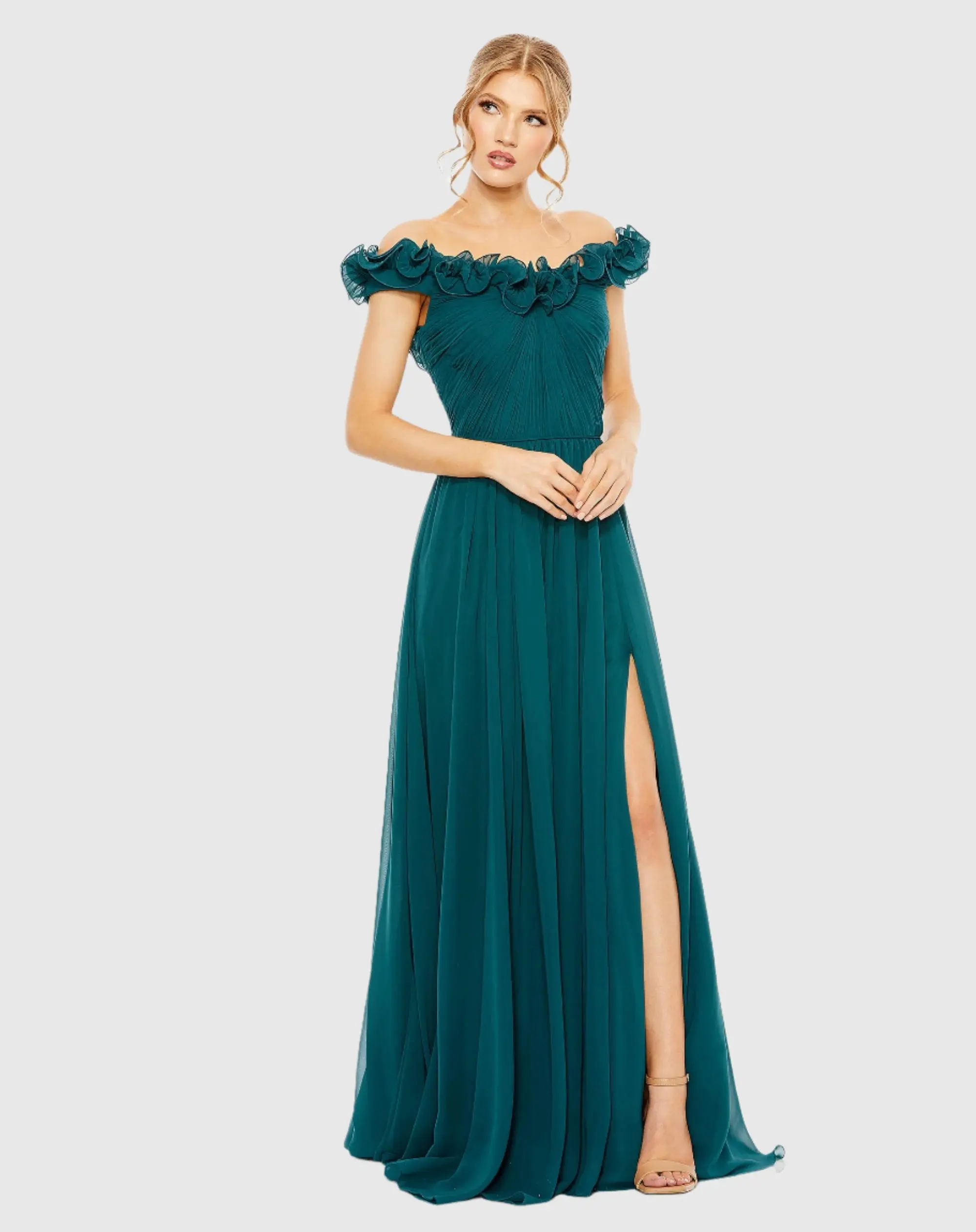 Teal Ruched Off The Shoulder A Line Gown - FINAL SALE