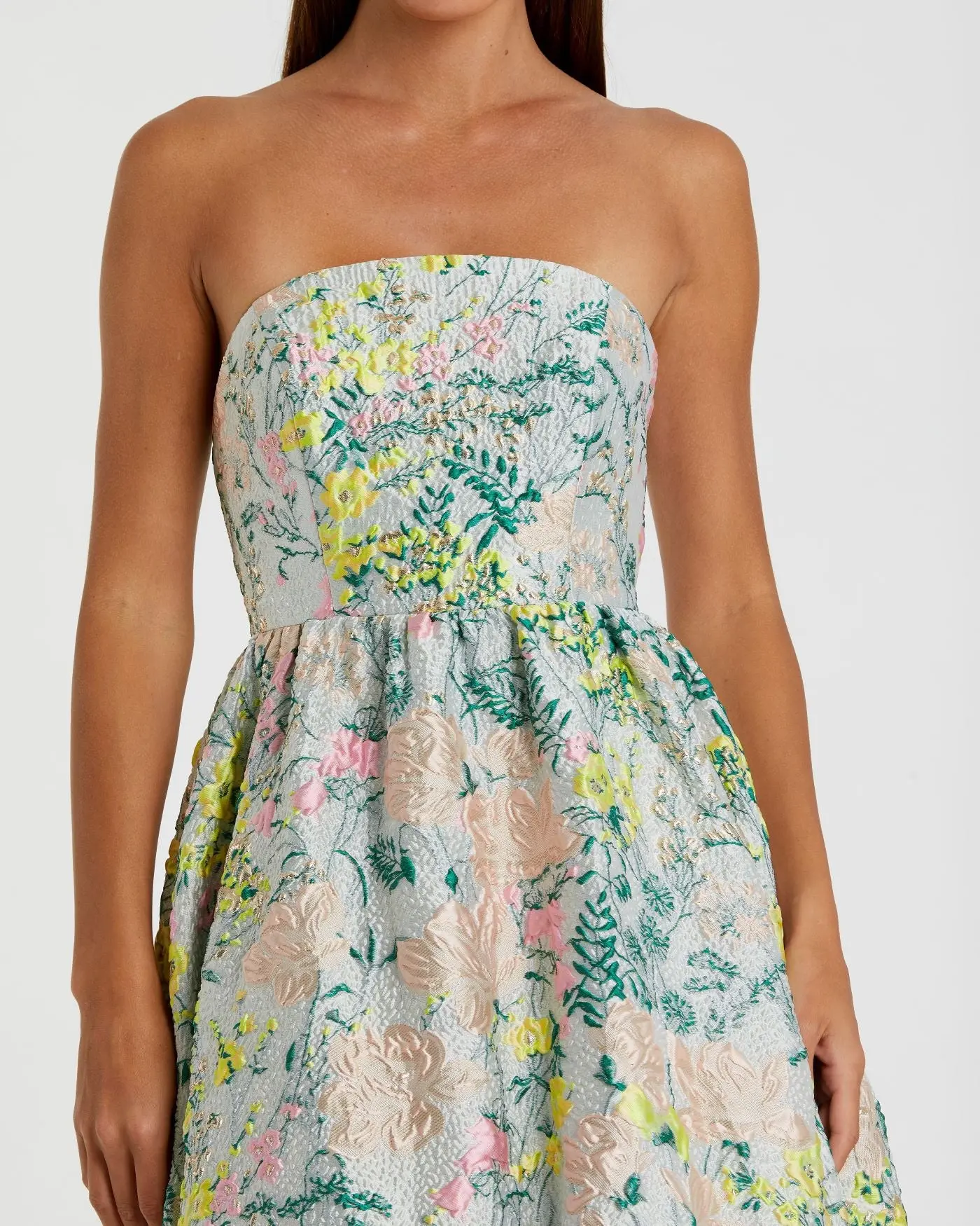 Multicolor Strapless Floral Brocade A-Line Gown - Image 2