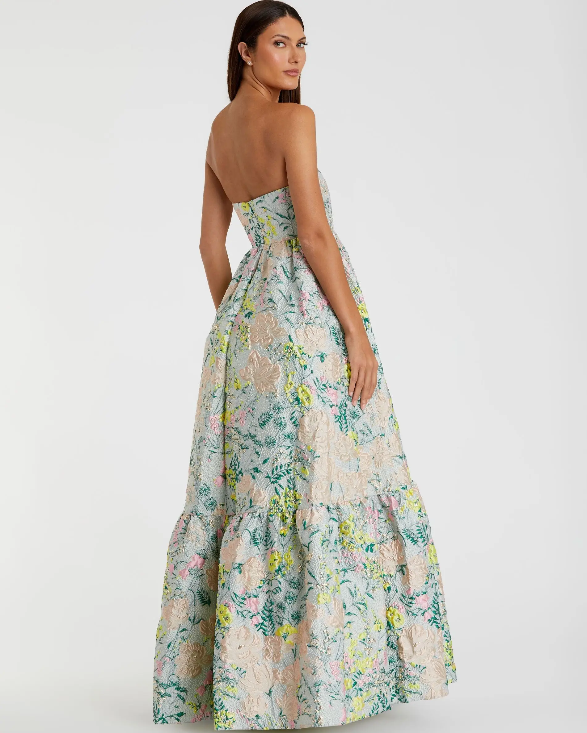 Multicolor Strapless Floral Brocade A-Line Gown - Image 3