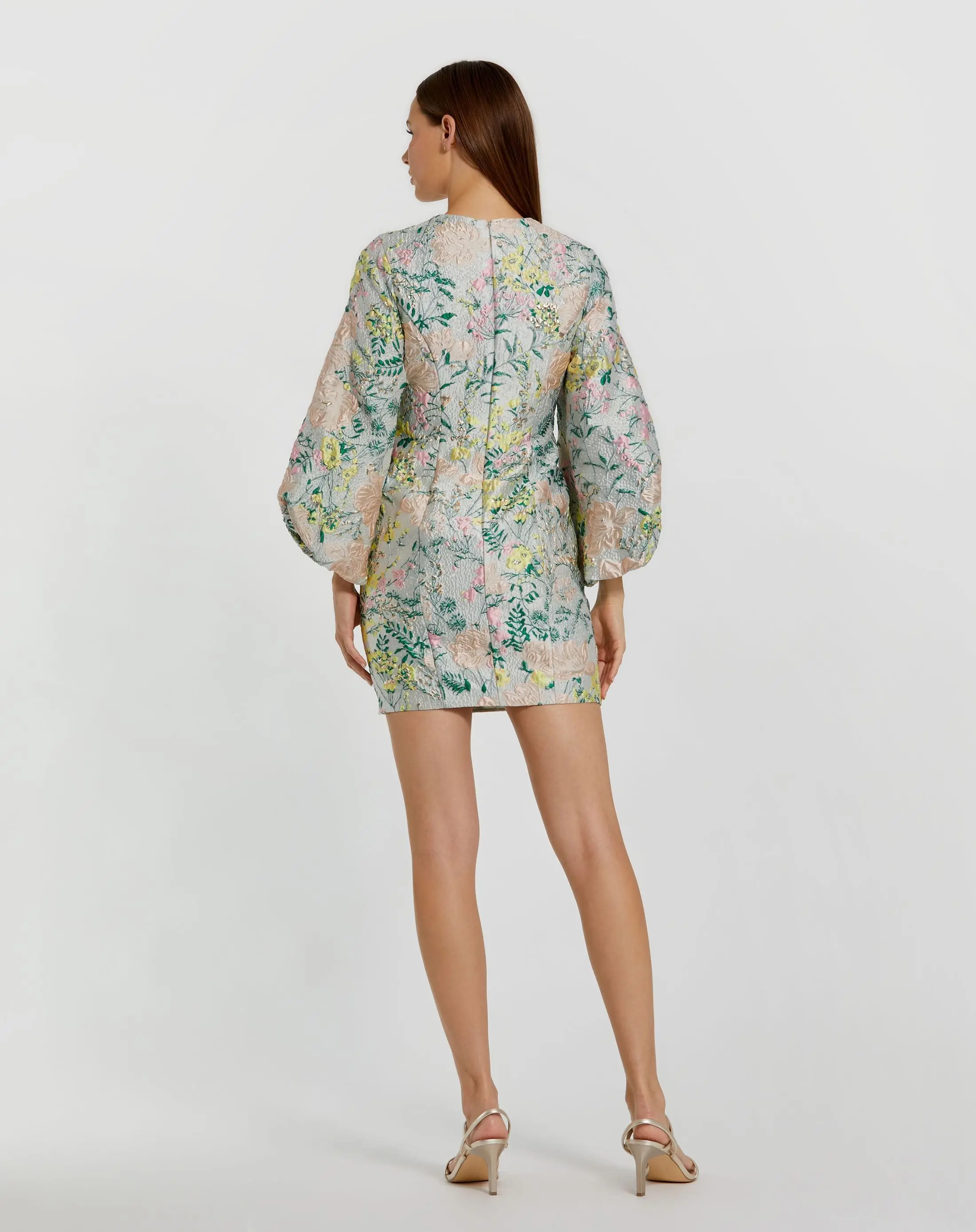 Multicolor Floral Brocade Puff Sleeve Fitted Mini Dress - Image 3