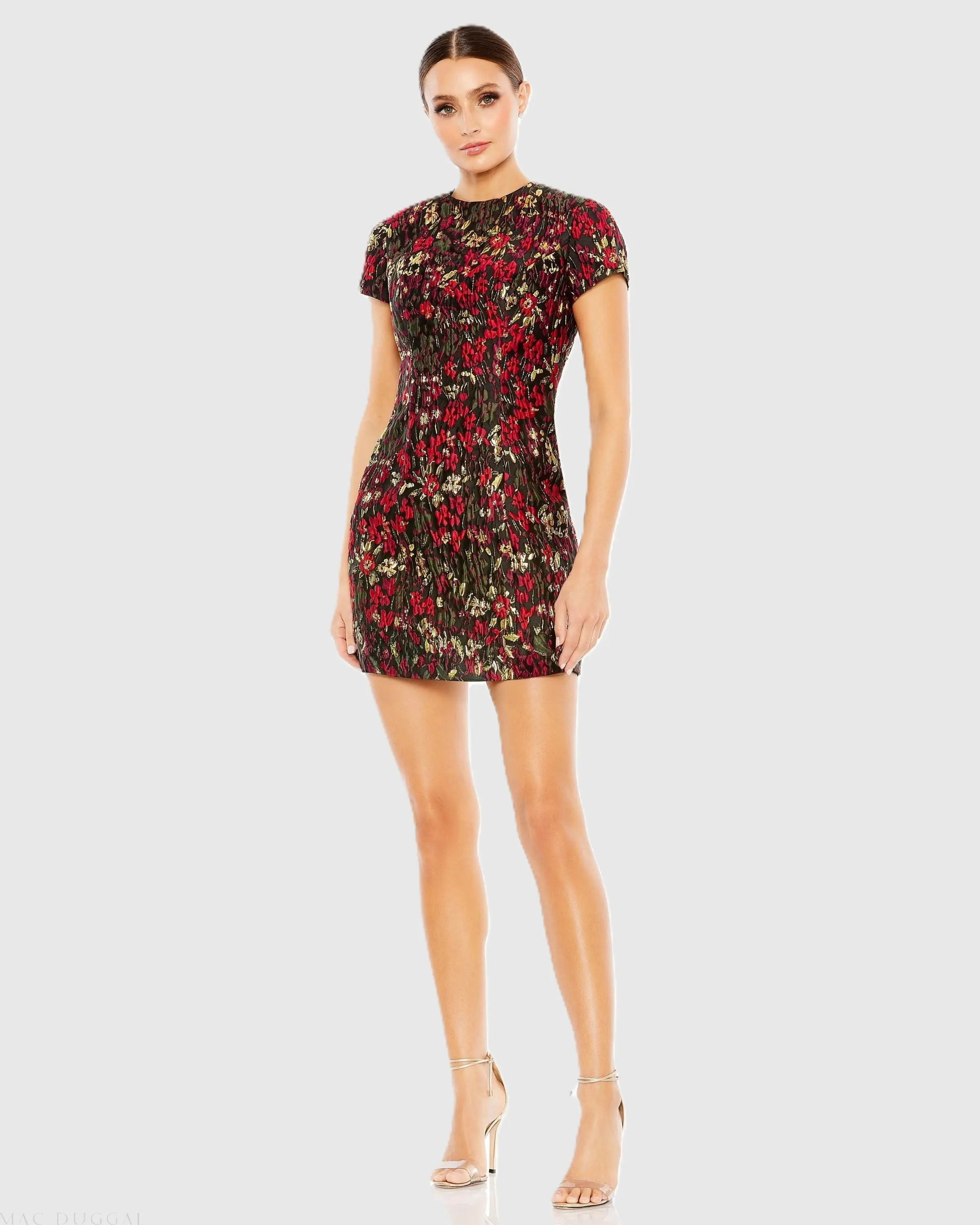 Black Floral Brocade Cap Sleeve Mini Dress
