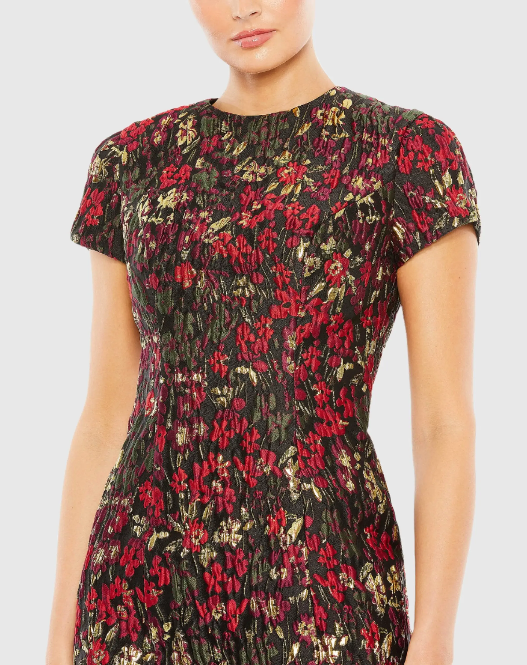 Black Floral Brocade Cap Sleeve Mini Dress - Image 2