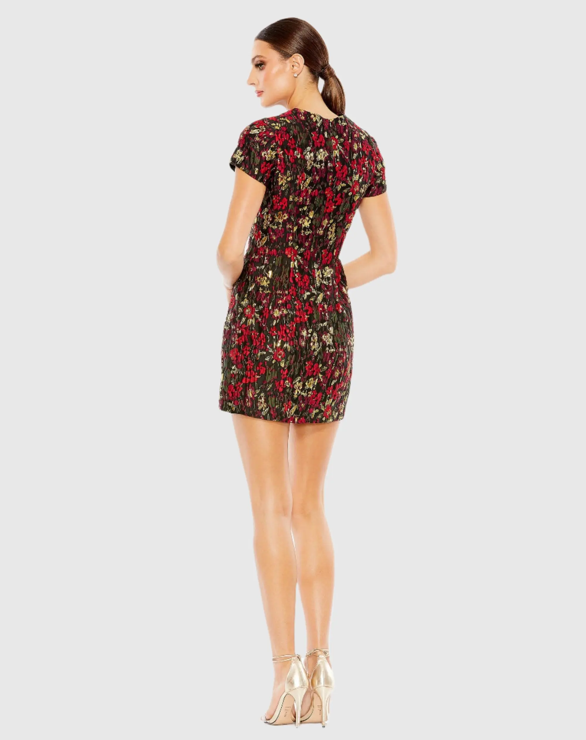 Black Floral Brocade Cap Sleeve Mini Dress - Image 3
