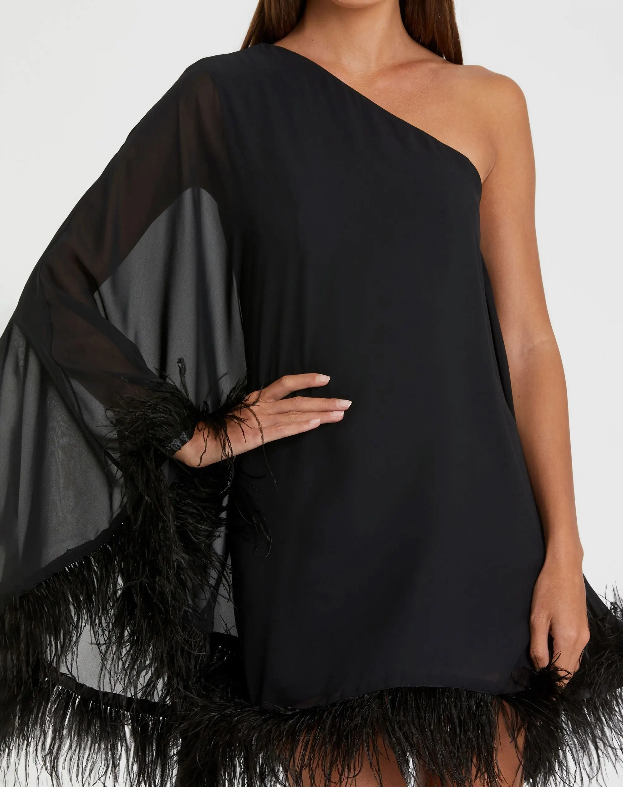 Black One Shoulder Trapeze Dress with Feather Trim - Image 2
