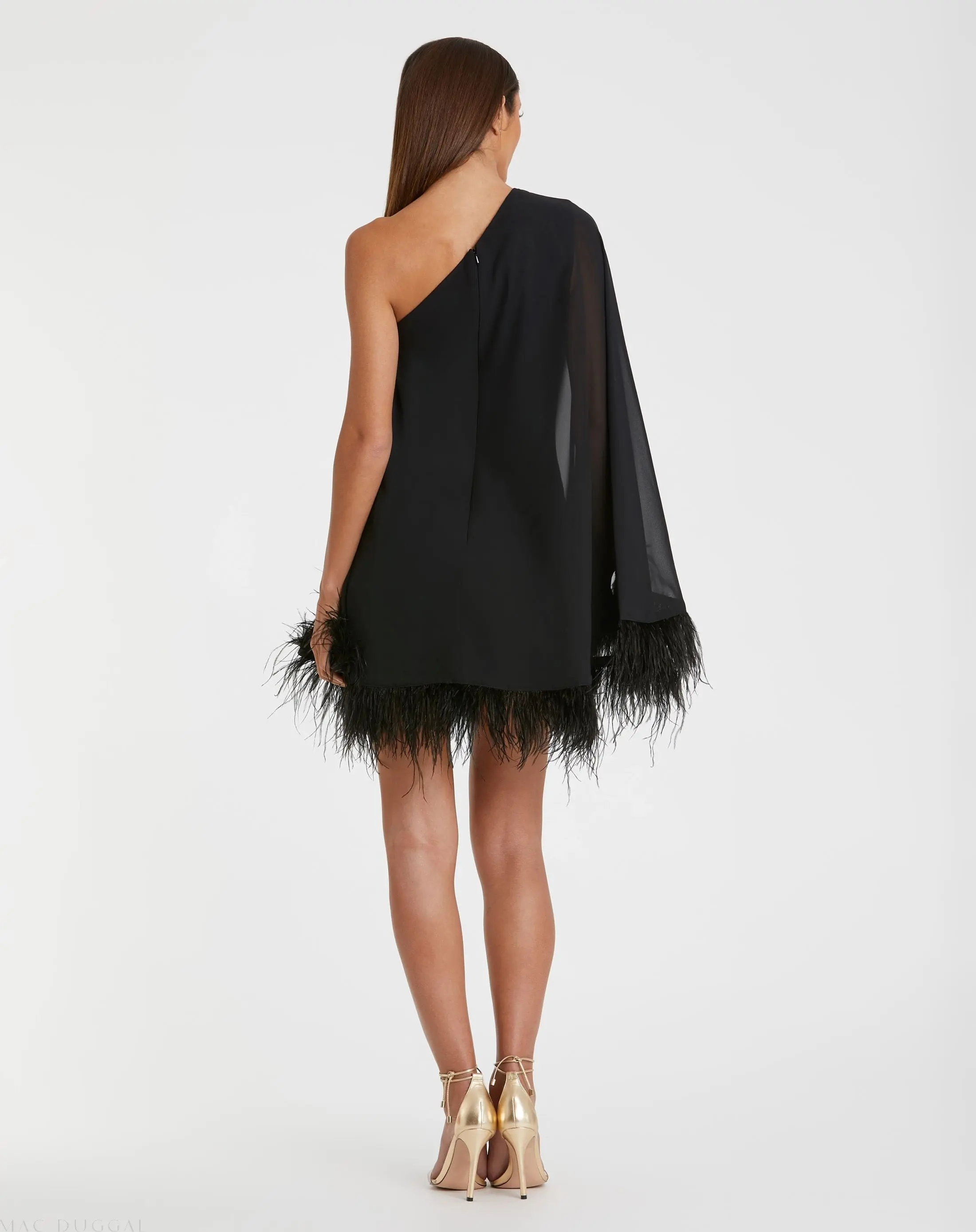 Black One Shoulder Trapeze Dress with Feather Trim - Image 3