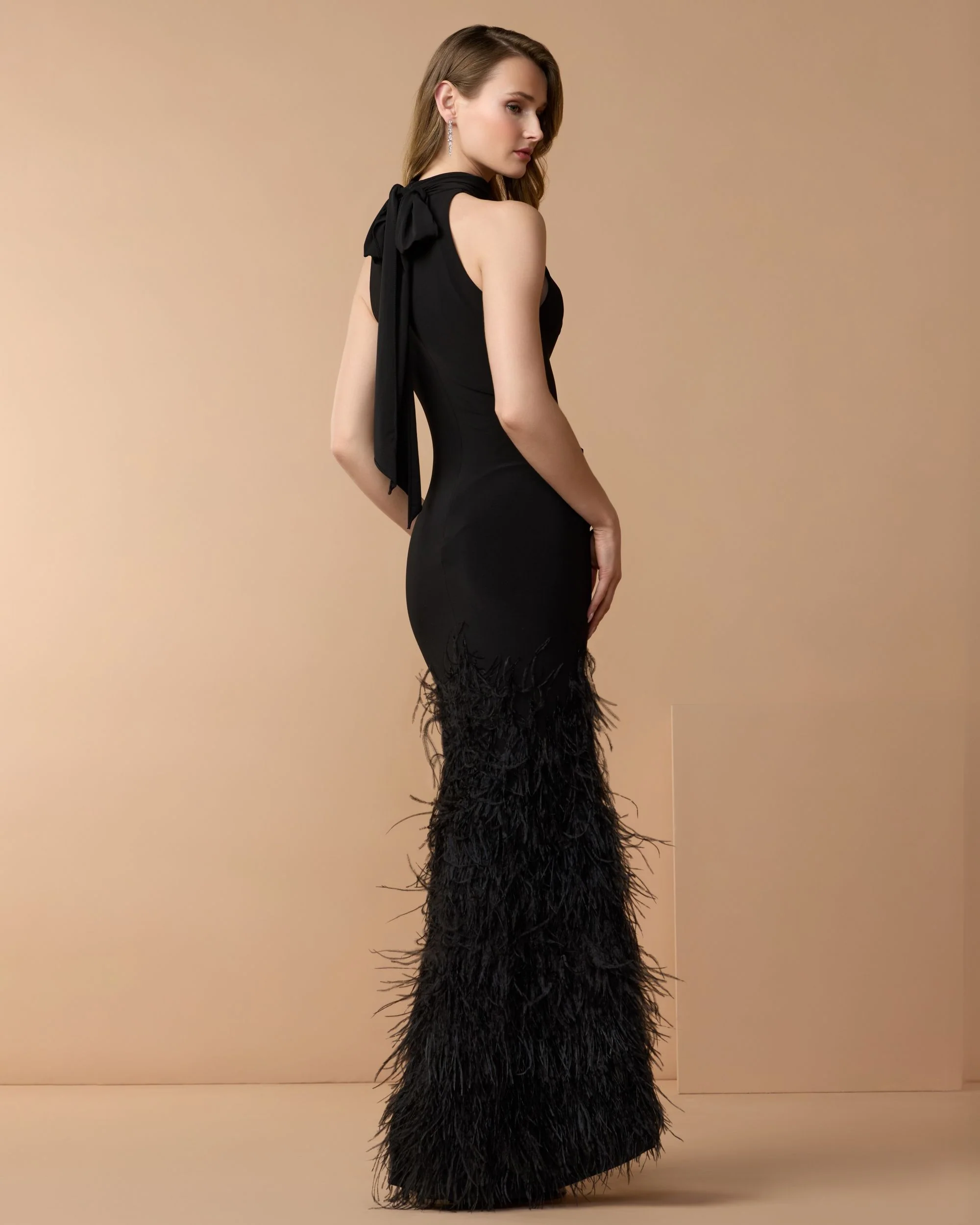Black Halter Neck Jersey Gown With Feather Trim - Image 2