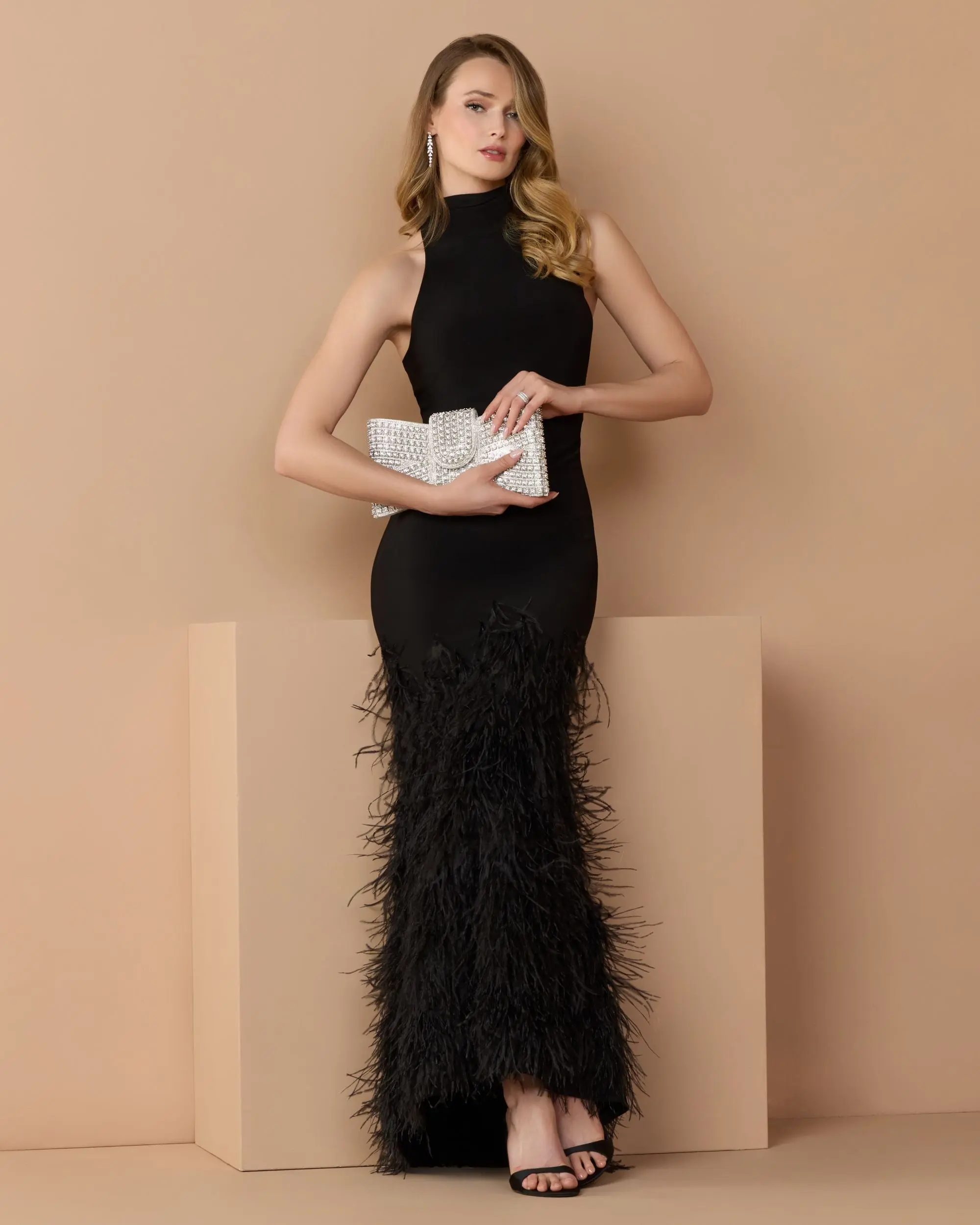 Black Halter Neck Jersey Gown With Feather Trim - Image 3