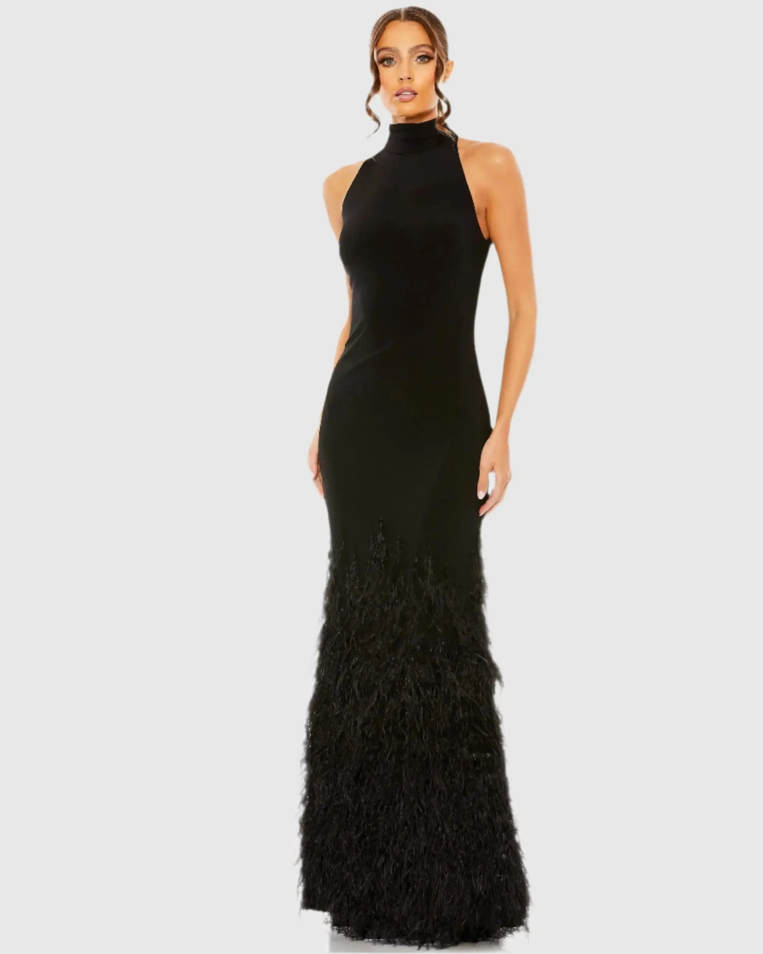 Black Halter Neck Jersey Gown With Feather Trim - Image 4