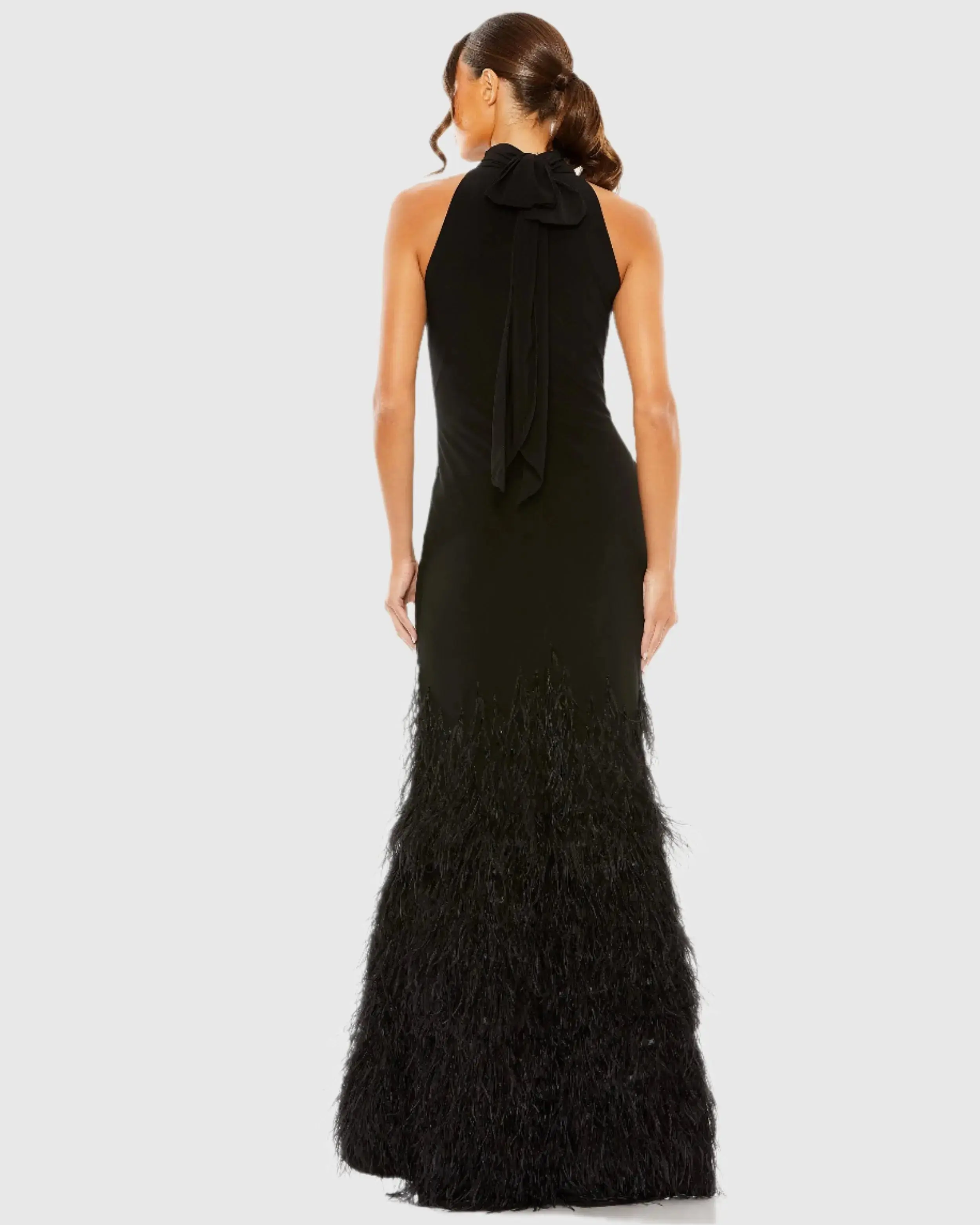 Black Halter Neck Jersey Gown With Feather Trim - Image 6